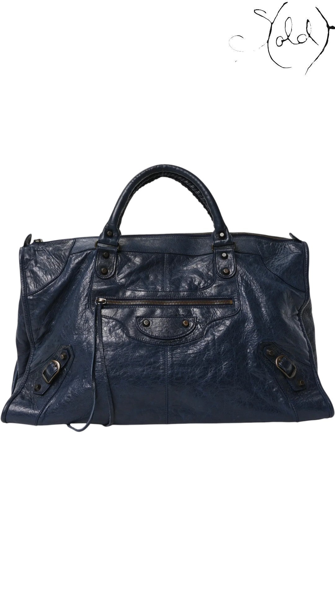 Sold Attire navy blue lambskin Balenciaga Classic Hardware Work bag with aged brass hardware and tassel zipper pulls.