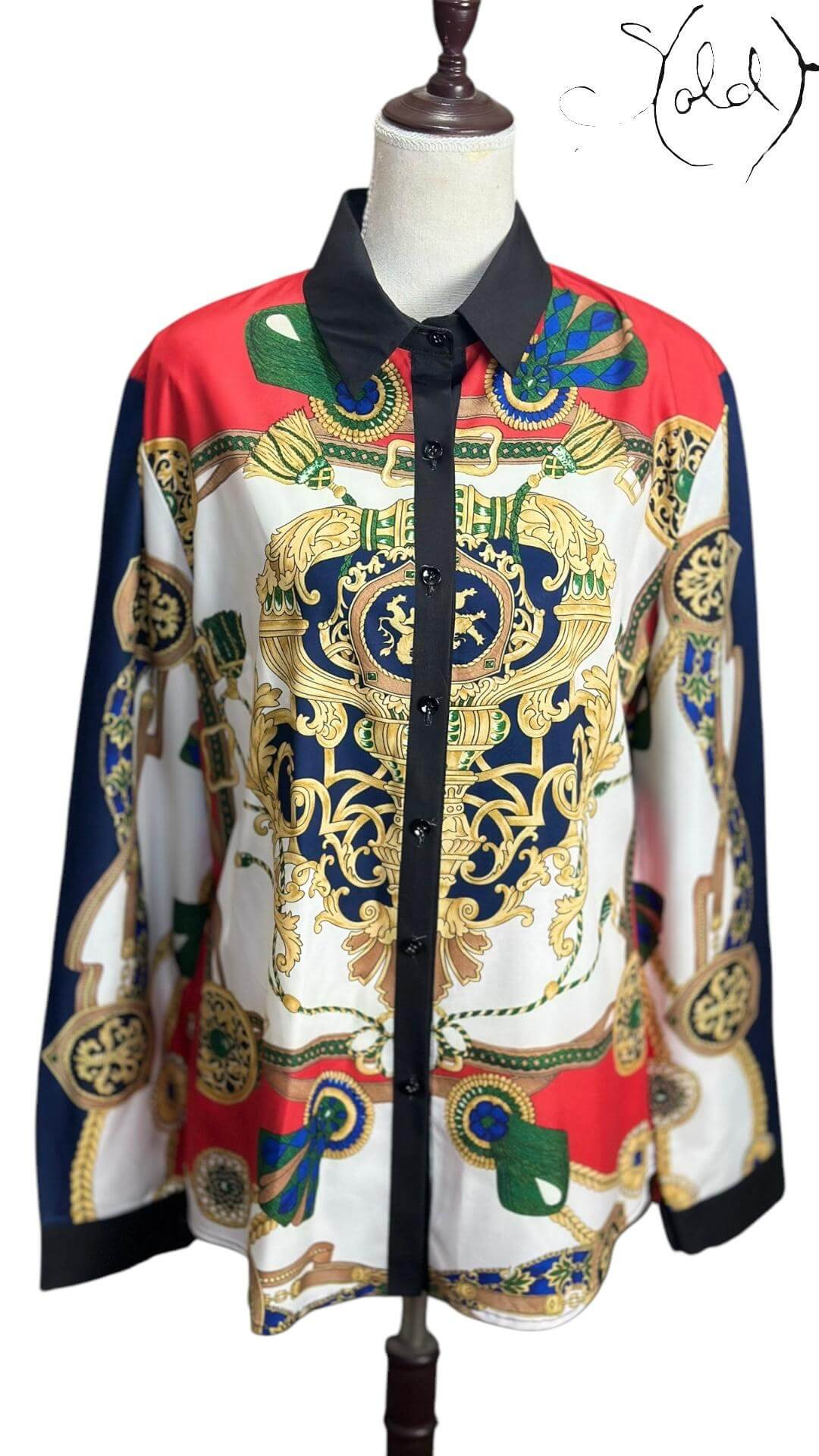 Baroque Print Satin Shirt – Chain Motif, Back view | Sold Attire
