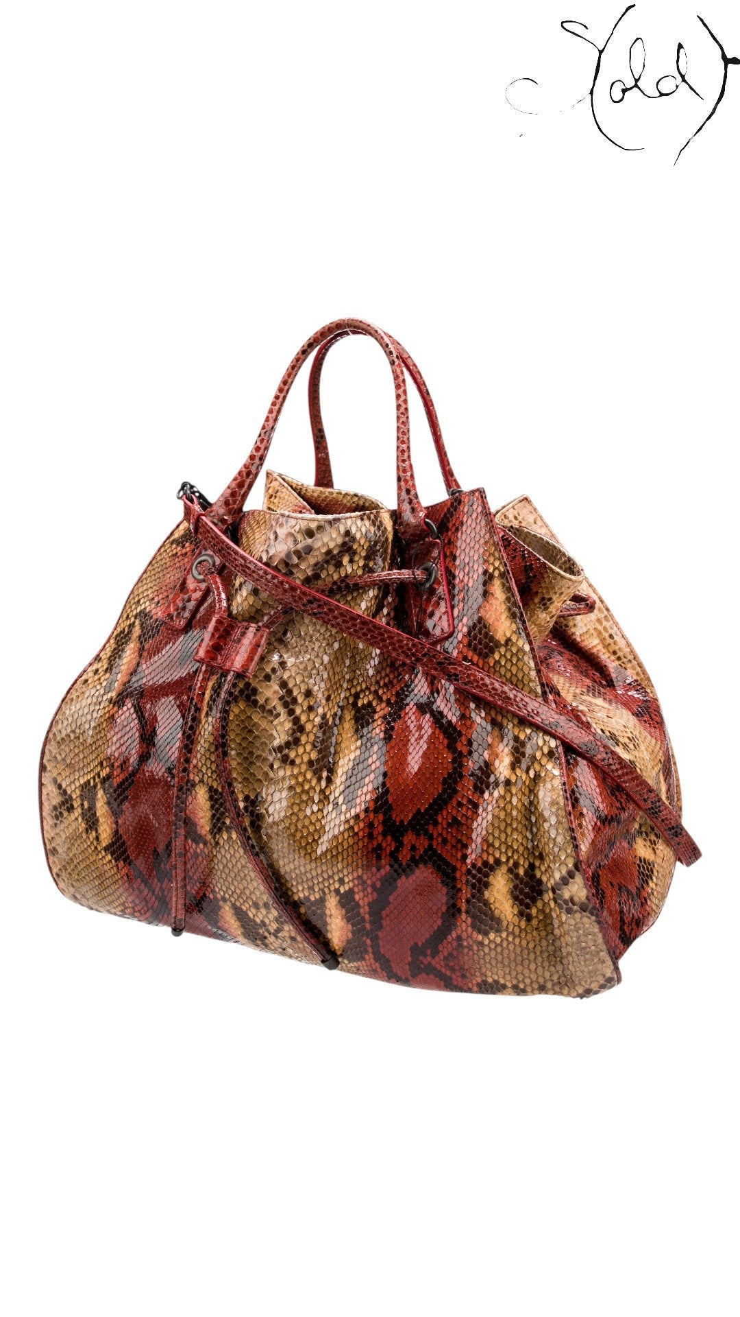 Sold Attire Limited Edition 2007 Bottega Veneta multi-tone red python drawstring tote with gunmetal hardware and leather trim.