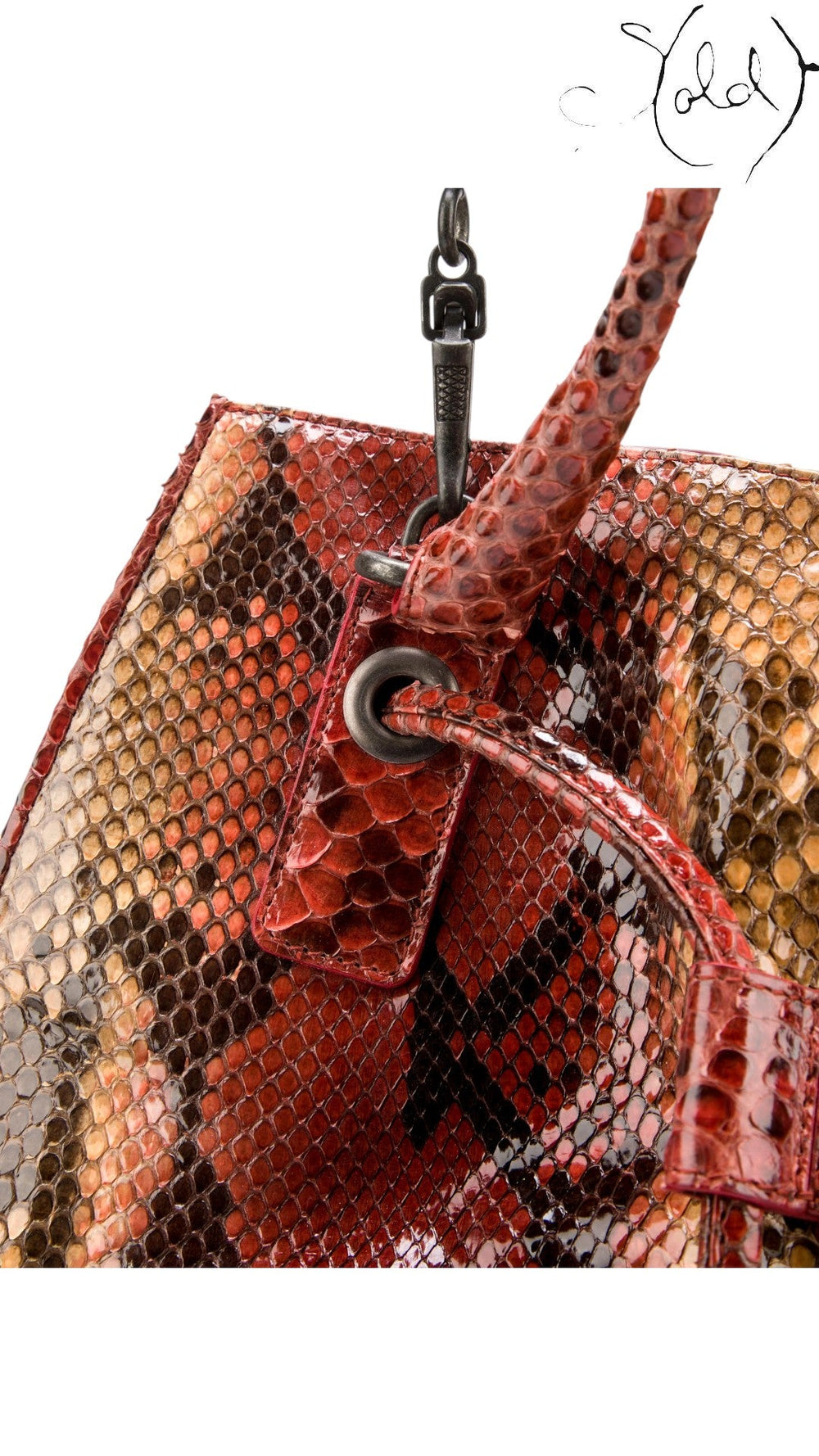 Sold Attire Limited Edition 2007 Bottega Veneta multi-tone red python drawstring tote with gunmetal hardware.