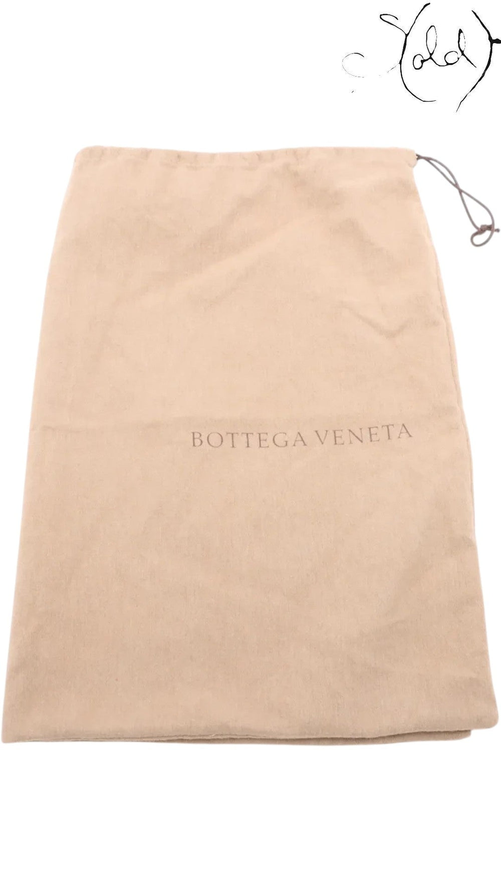 Sold Attire beige fabric dust bag with Bottega Veneta logo printed in the center and a drawstring closure