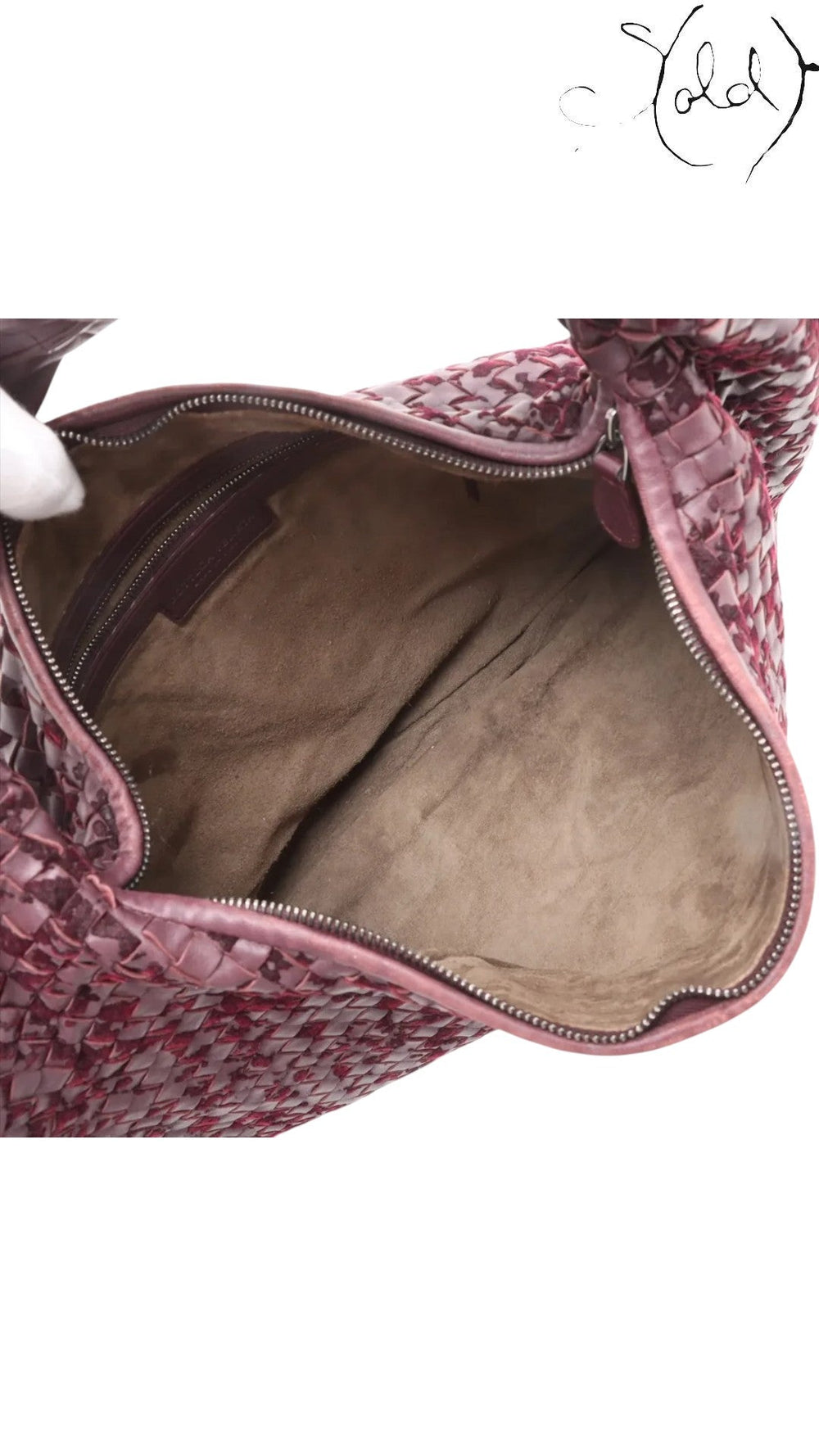 Sold Attire Bottega Veneta Velours Veneta hobo bag interior featuring burgundy woven suede and leather lining