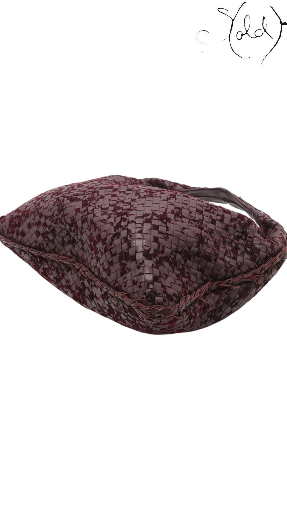 Sold Attire Bottega Veneta burgundy Velours Veneta hobo bag in woven suede and leather with fringe-textured edges.
