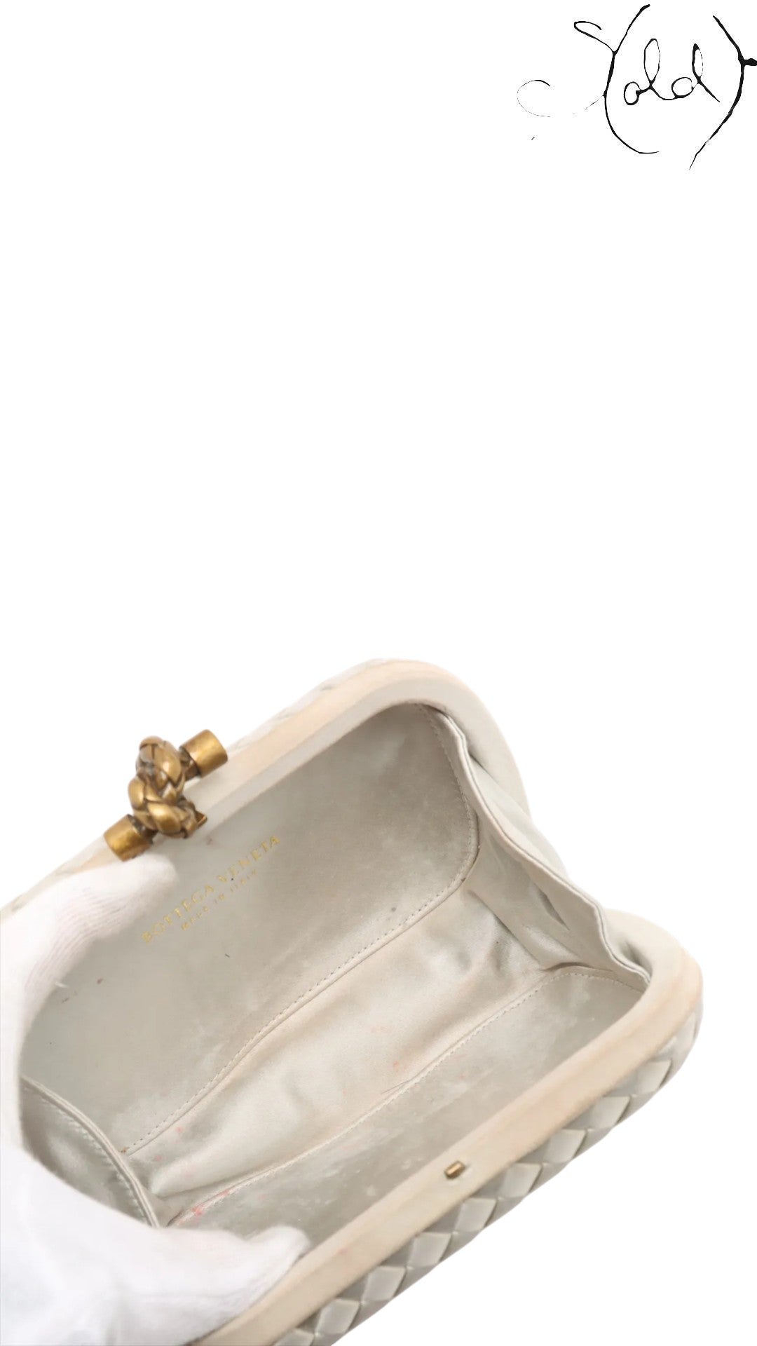 Bottega Veneta Knot Clutch Gold Silk Brass Hardware 2018, Strap detail | Sold Attire