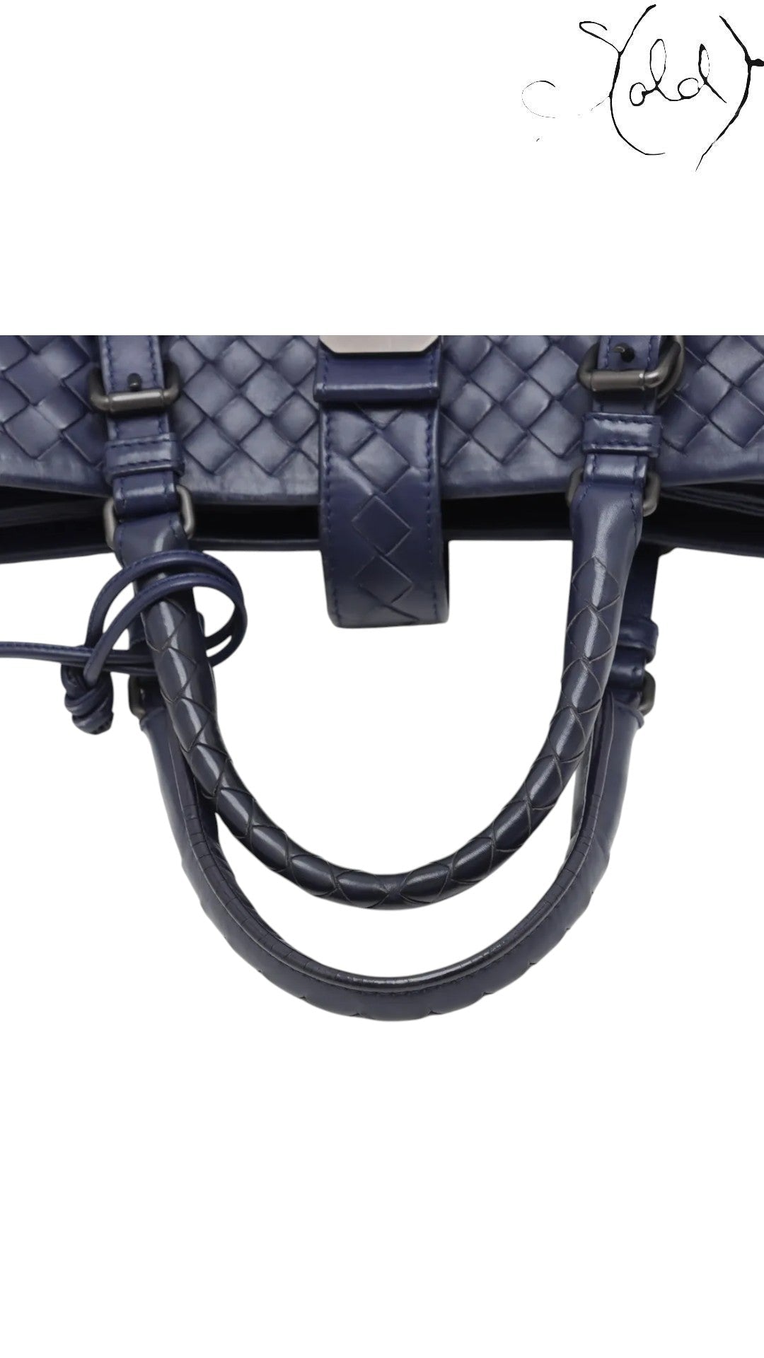 Sold Attire navy blue calfskin Bottega Veneta Roma small intrecciato 2-way bag with braided handles and gold-tone hardware.