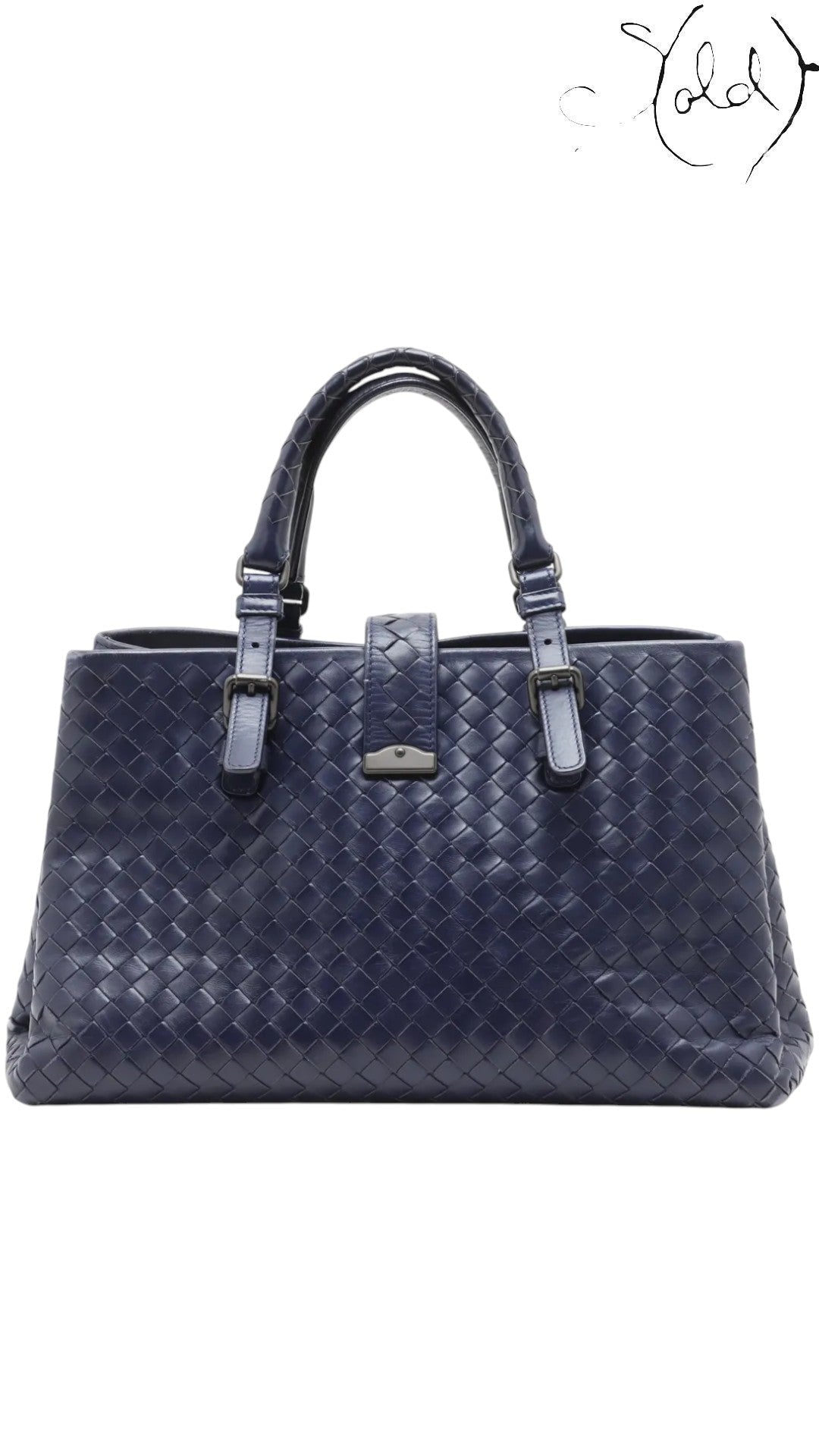 Sold Attire Bottega Veneta Roma Small navy blue calfskin intrecciato 2-way bag with twin top handles and a central buckle closure.