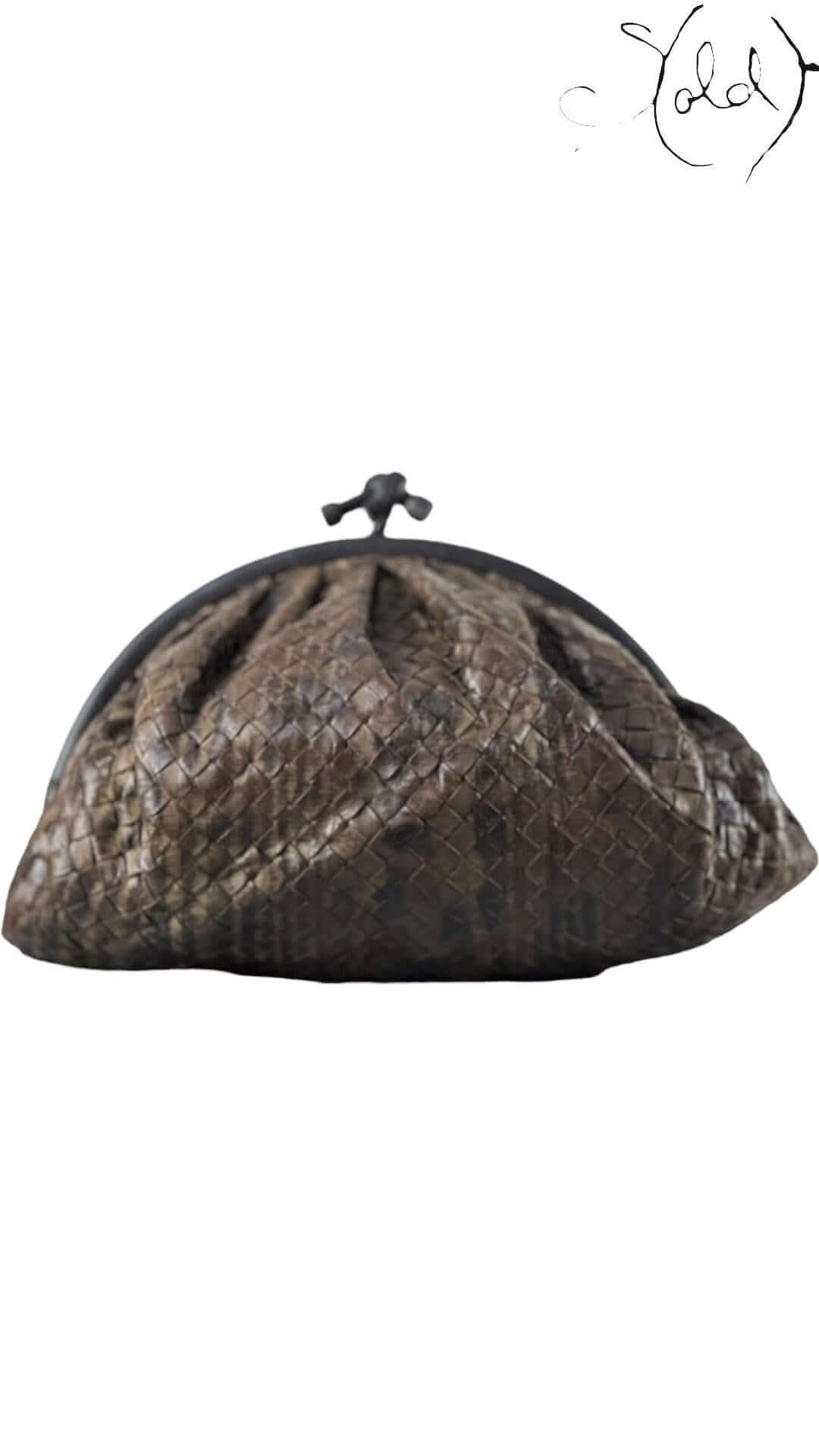 Bottega Veneta Knot Clutch – Intrecciato Leather & Lizard Trim | Sold Attire - Sold Attire