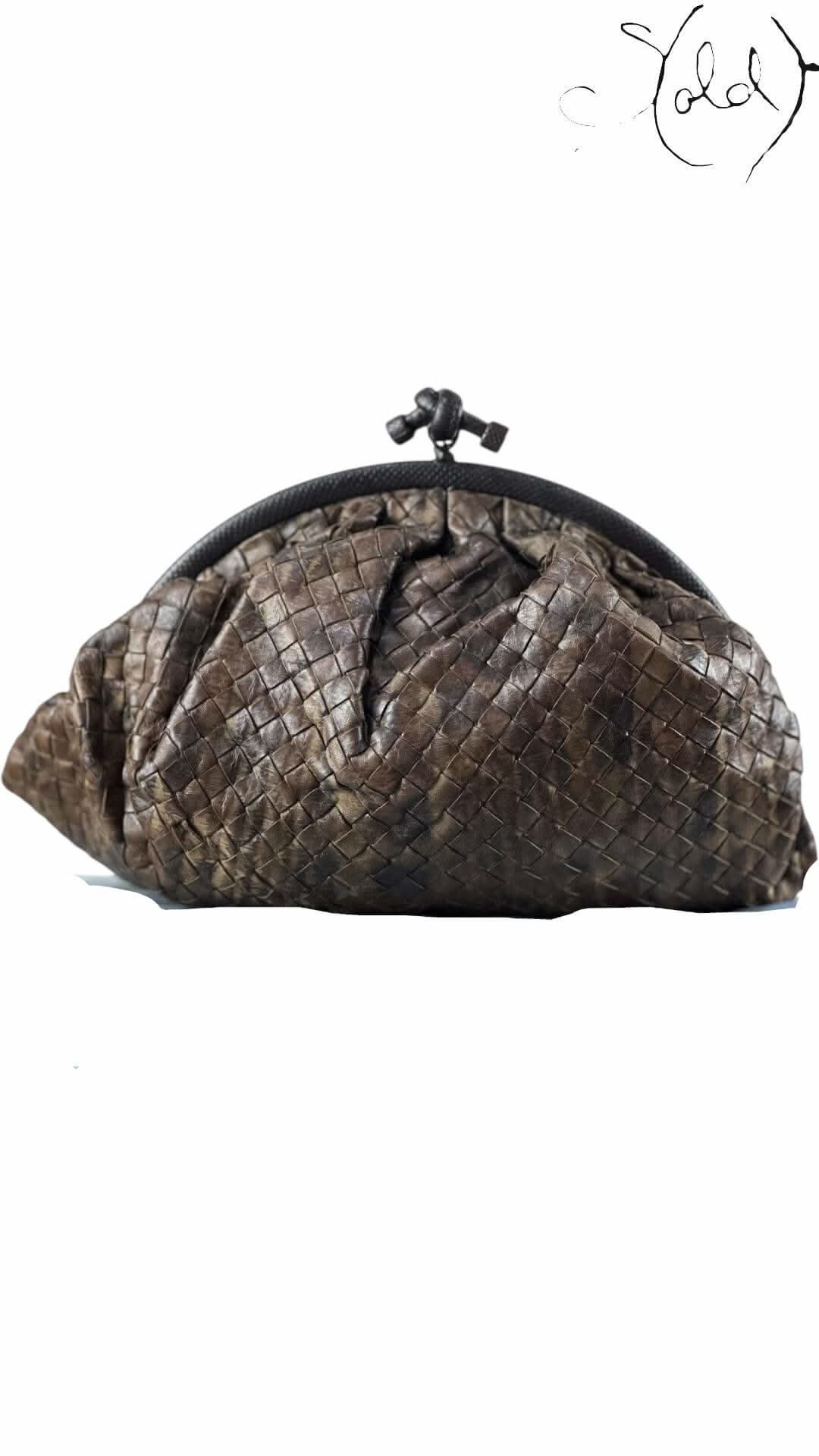 Bottega Veneta Knot Clutch – Intrecciato Leather & Lizard Trim | Sold Attire - Sold Attire