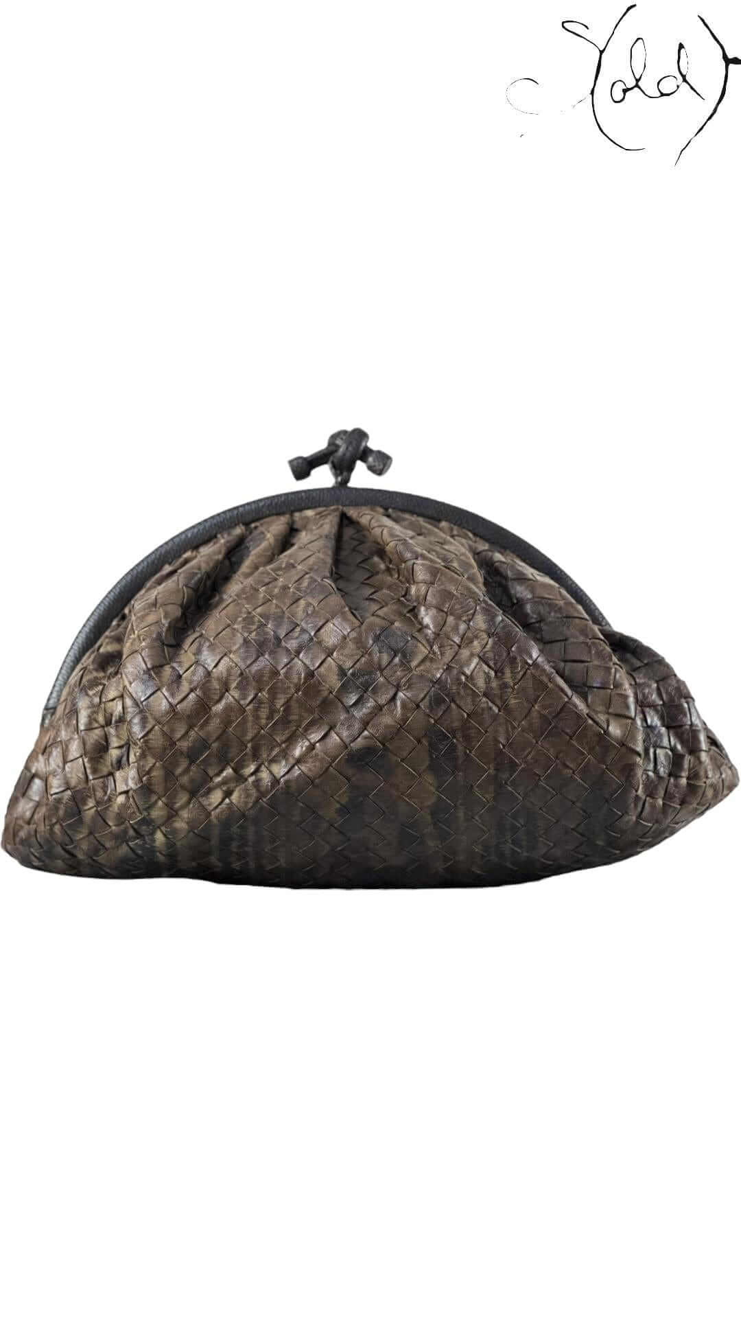 Bottega Veneta Knot Clutch – Intrecciato Leather & Lizard Trim — Detail view | Sold Attire