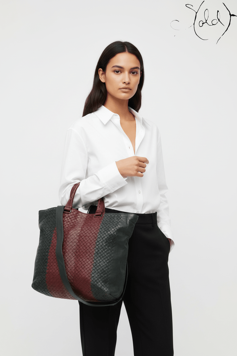 Bottega Veneta Intrecciato Colorblock Tote Burgundy Green, Close-up | Sold Attire