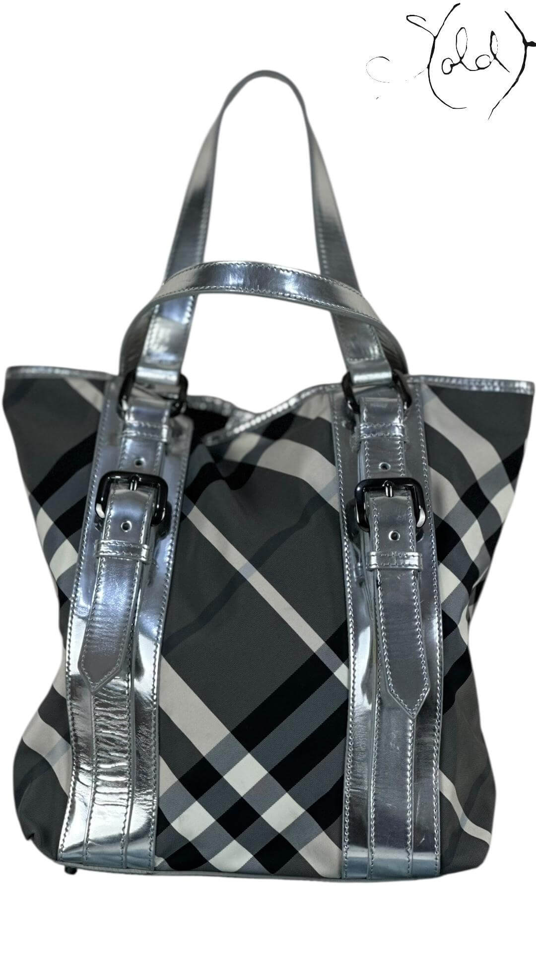 Burberry Victoria Tote – Silver Beat Check Nylon (New), Back view | Sold Attire