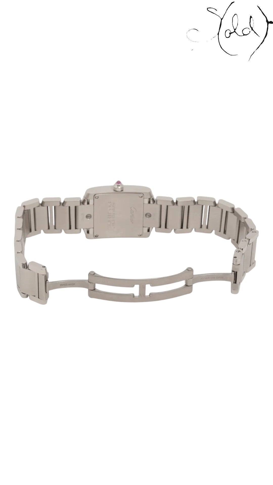 Sold Attire Cartier Tank Française small steel watch with pink mother of pearl dial and hidden clasp.