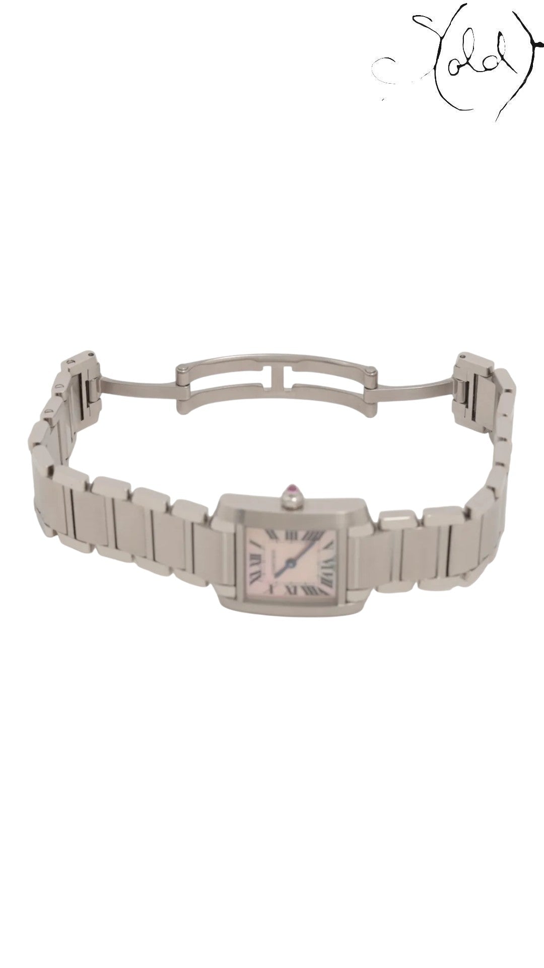 Sold Attire Cartier Tank Française small steel watch with pink mother of pearl dial and Roman numerals. Features blued steel hands and a pink sapphire cabochon crown.