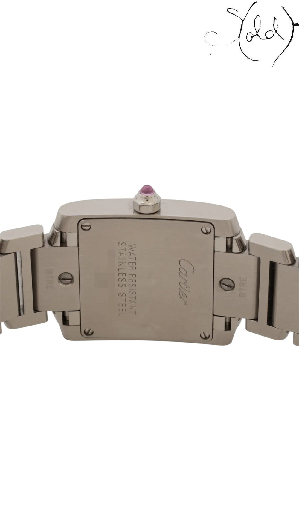 Sold Attire stainless steel Cartier Tank Française watch with pink mother of pearl dial and pink sapphire cabochon crown.