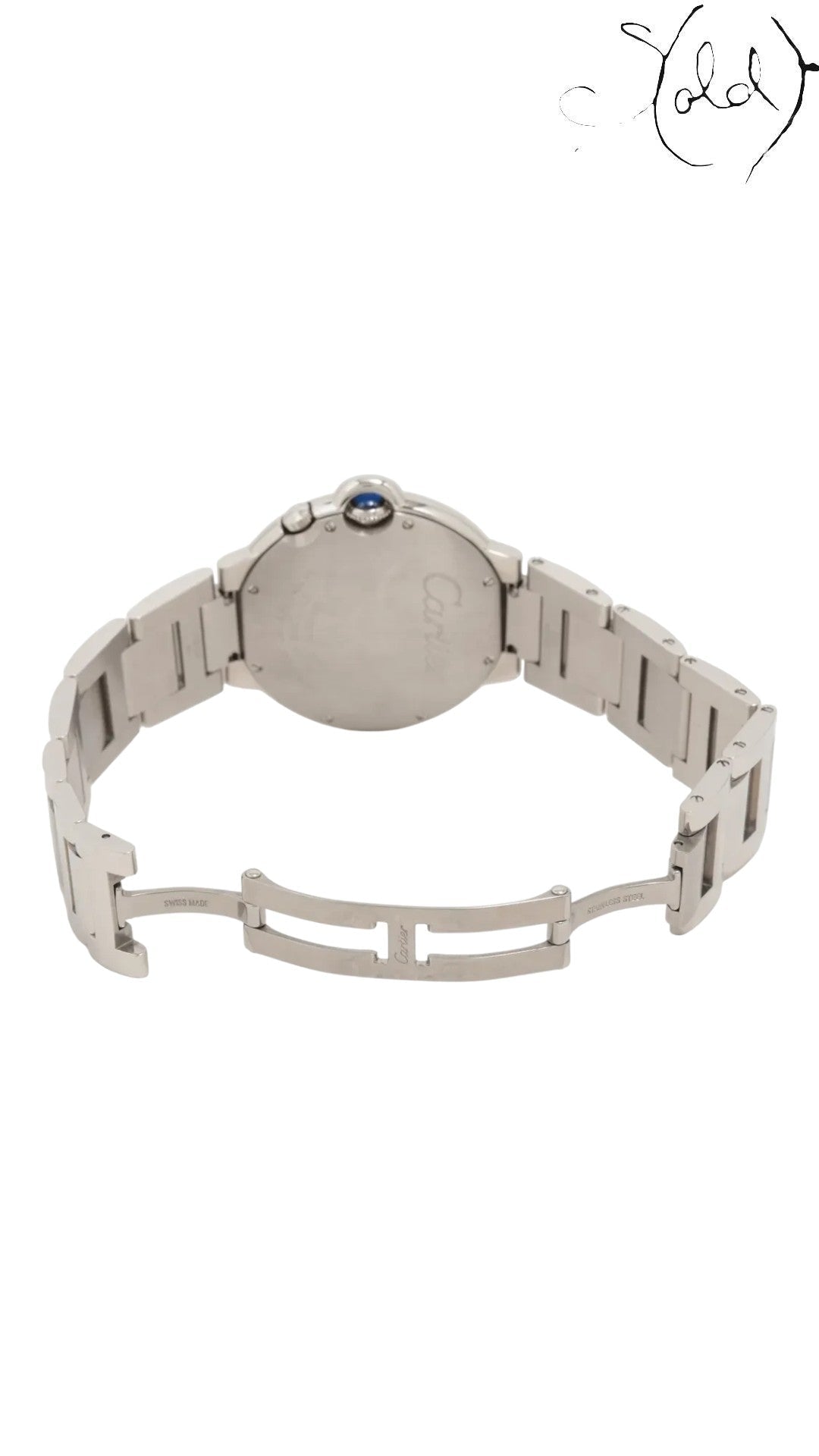 Sold Attire Cartier Ballon Bleu W6920011 stainless steel watch with blue cabochon crown and GMT function.