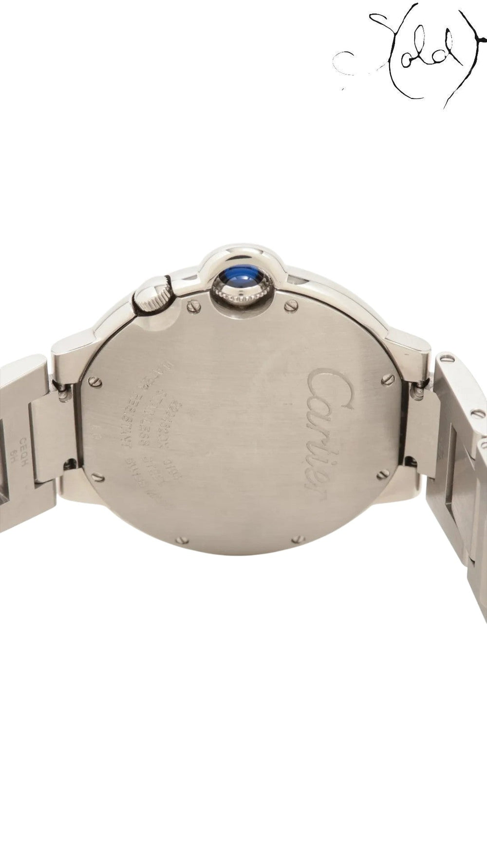 Sold Attire Cartier Ballon Bleu W6920011 stainless steel watch case back with blue cabochon crown and bracelet.