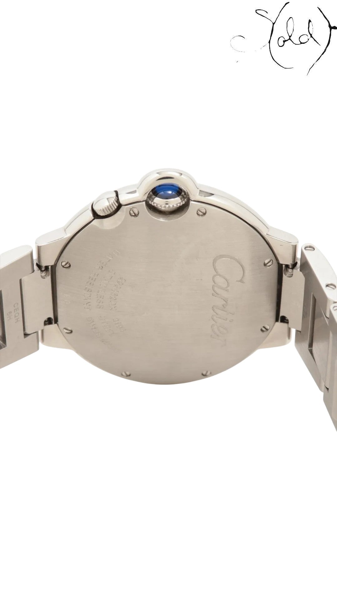 Sold Attire Cartier Ballon Bleu W6920011 stainless steel watch case back with blue cabochon crown and bracelet.