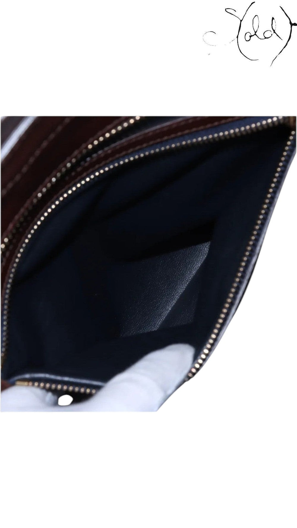 Sold Attire pre-owned Celine Luggage Mini Shopper interior featuring navy suede lining and gold-tone zip hardware.