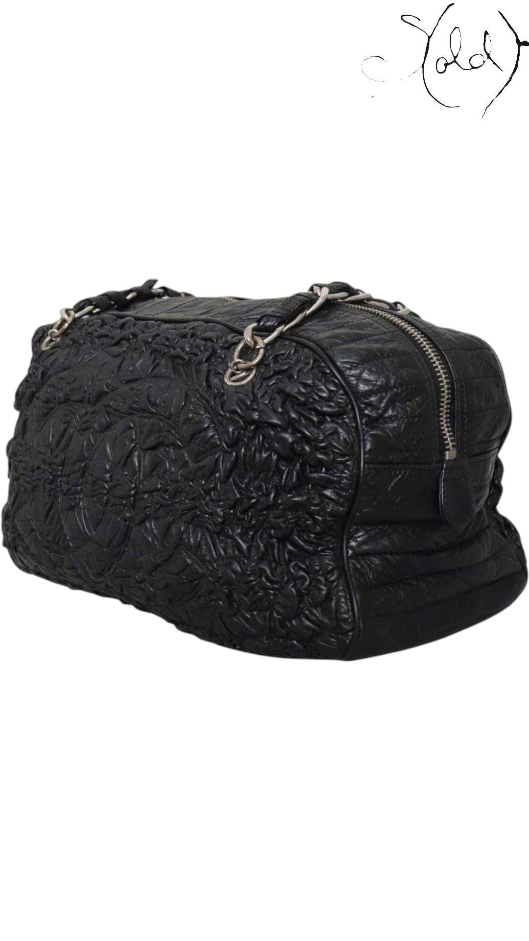 Chanel Astrakhan Black Leather Bowler Bag Mid-2000s, Interior view | Sold Attire