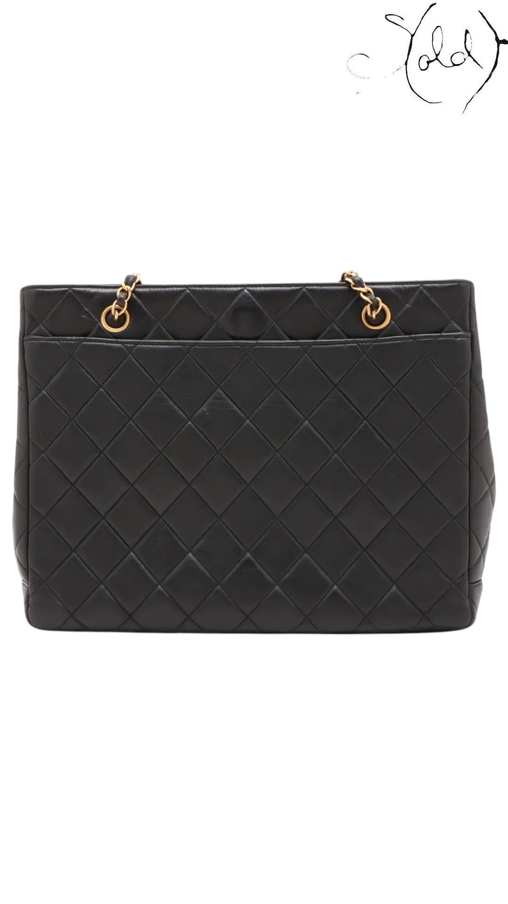 Sold Attire black quilted lambskin Chanel CC Turn-Lock chain tote with gold hardware and chain straps.