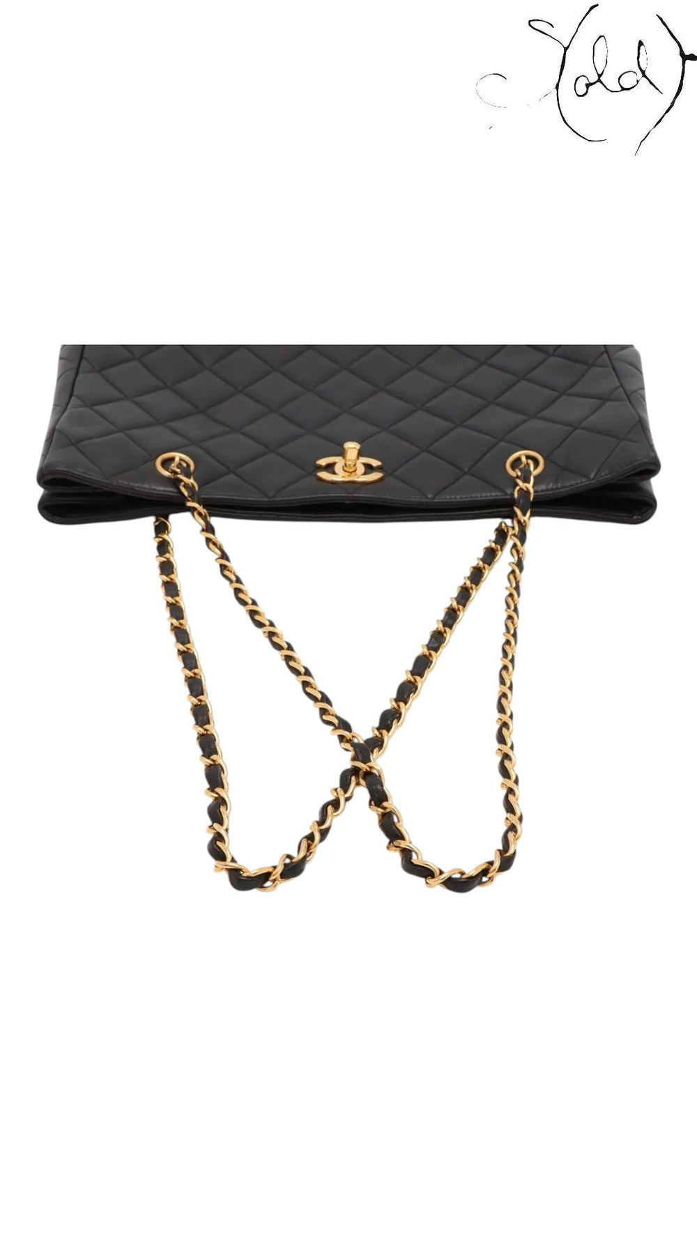 Sold Attire black quilted lambskin Chanel CC Turn-Lock chain tote with gold hardware.
