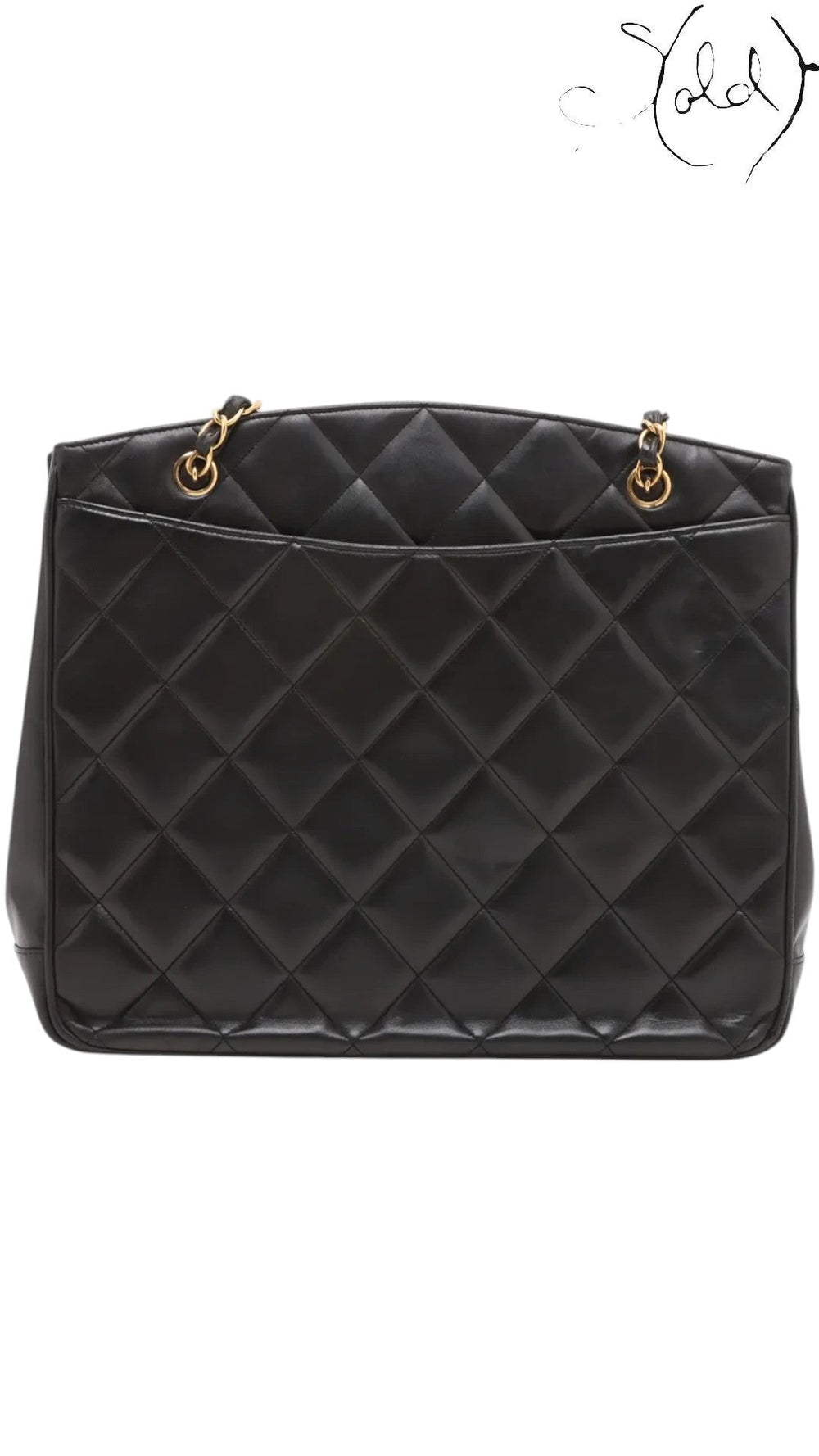 Sold Attire black quilted lambskin matelasse chain tote with gold hardware and open top construction.
