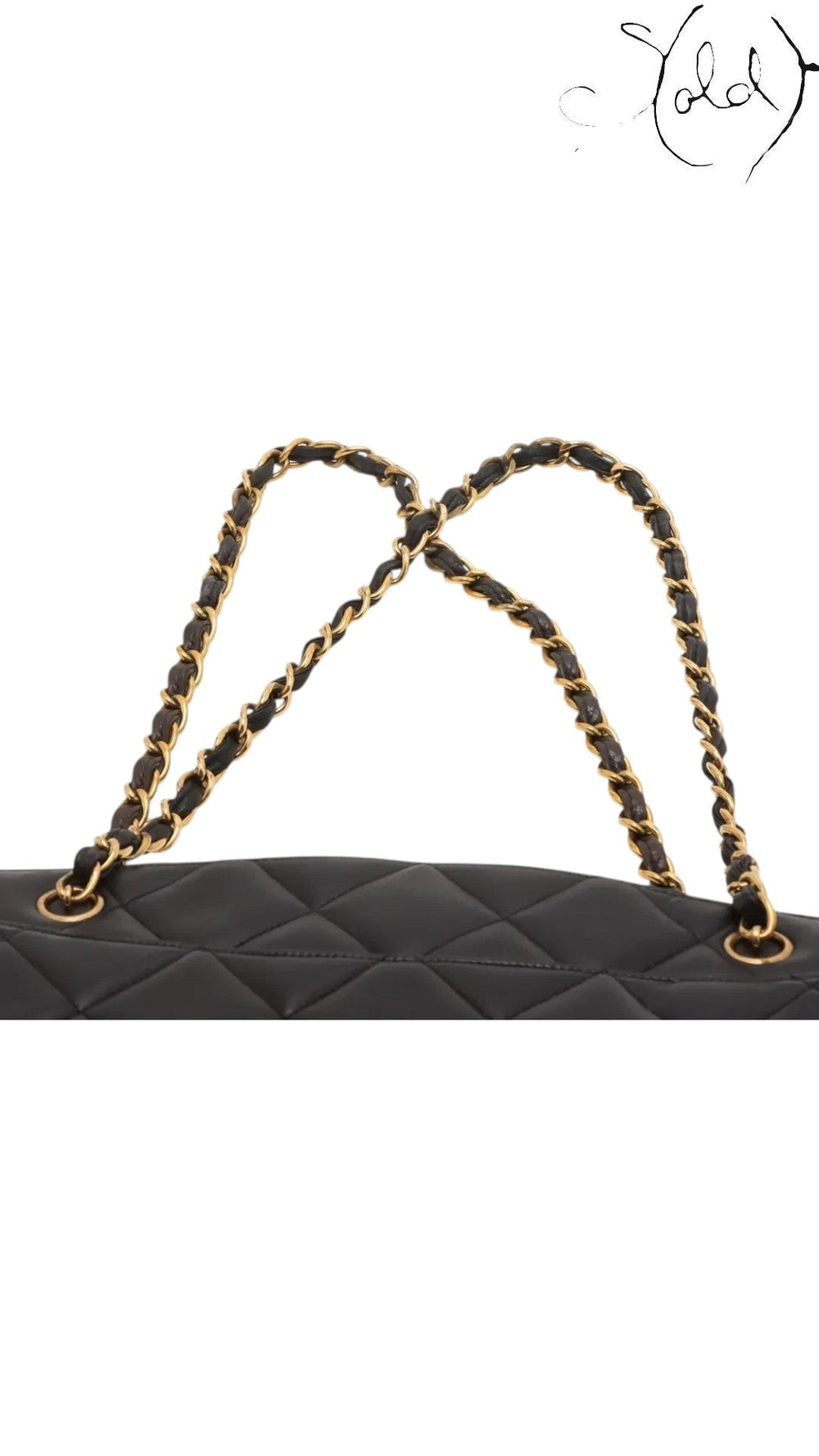 Sold Attire black quilted lambskin matelasse chain tote with gold-tone hardware and leather-woven straps.