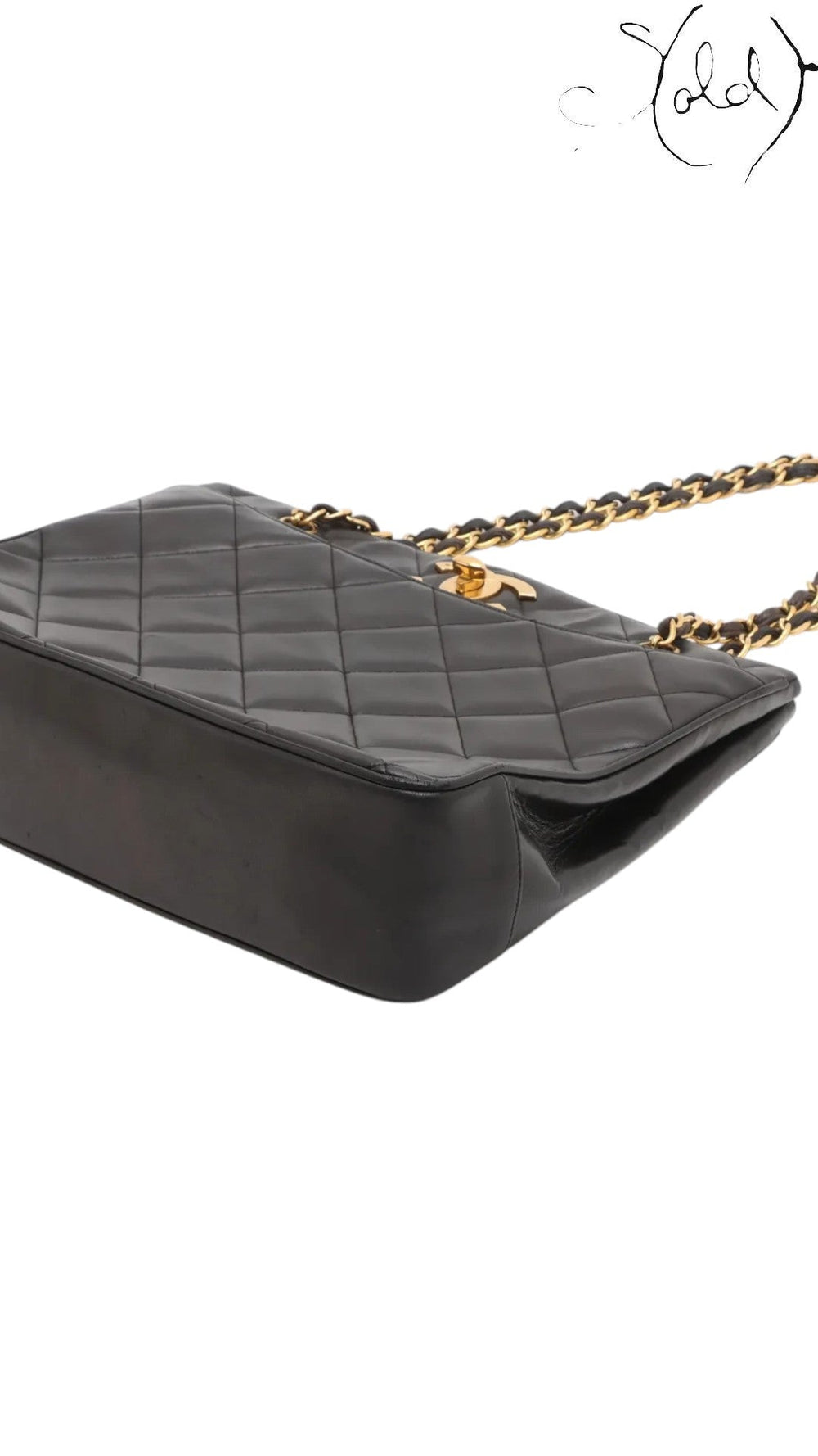 Sold Attire black quilted lambskin matelasse chain tote with gold-tone hardware and chain strap.