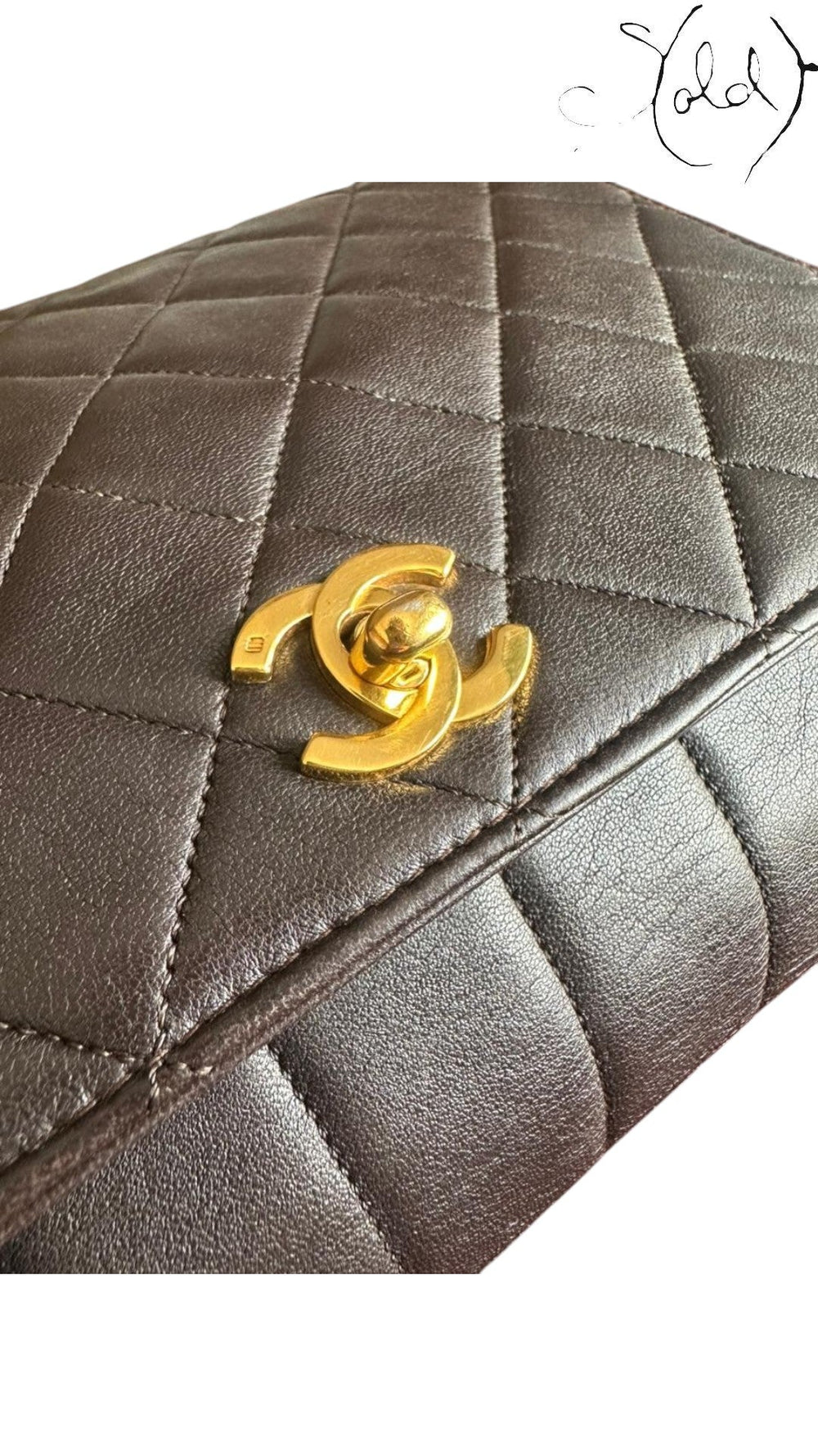 Sold Attire chocolate brown quilted lambskin Chanel Classique Single Full Flap bag with gold CC turn-lock closure.