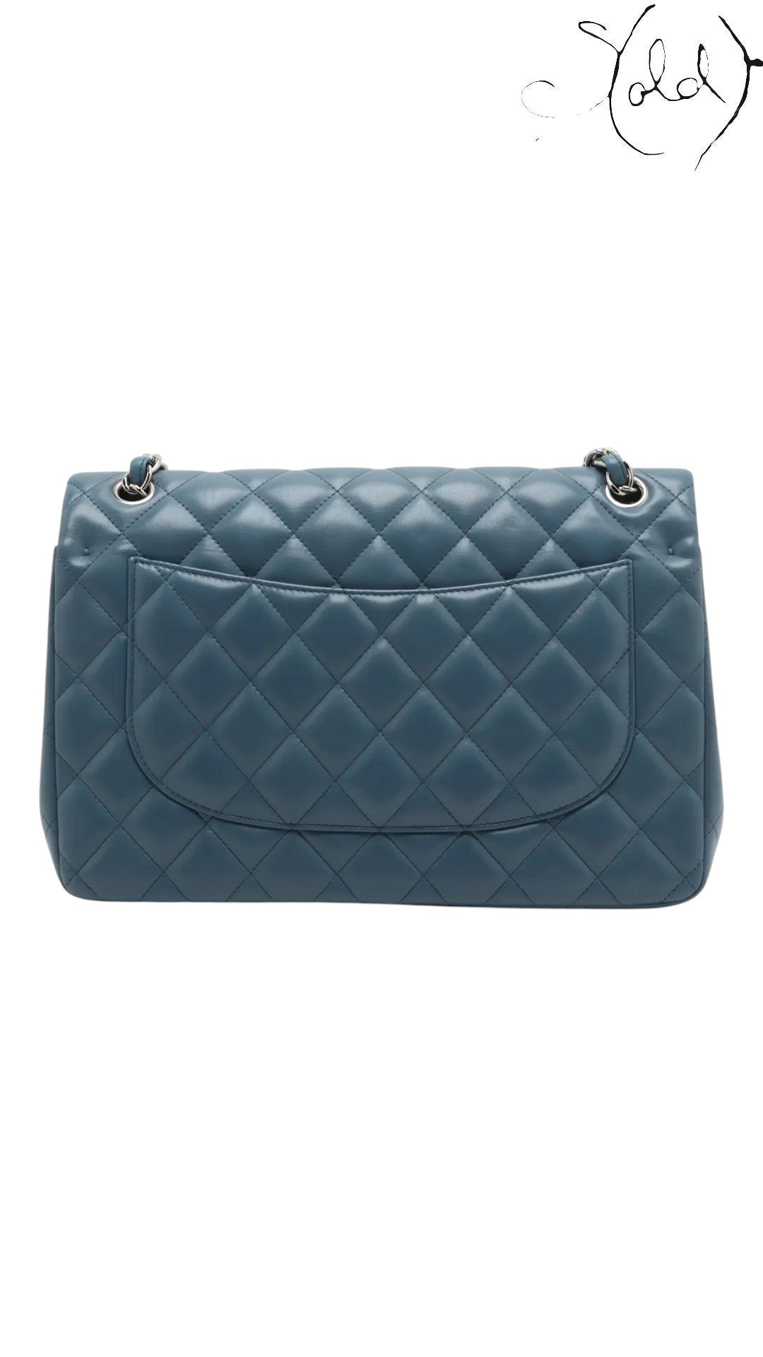 Sold Attire blue lambskin Chanel Deca Matelasse 30 Large Double Flap bag with silver hardware and quilted diamond pattern.