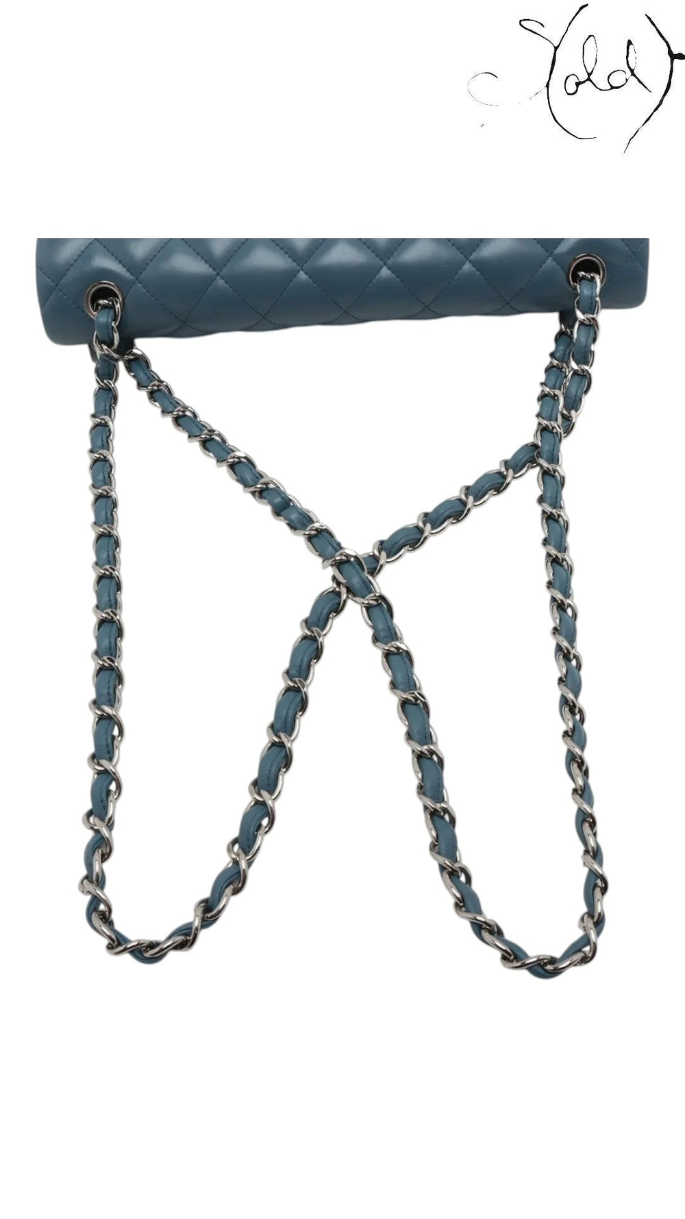 Sold Attire blue lambskin Chanel Deca Matelasse 30 double flap bag with silver chain strap and diamond quilting.