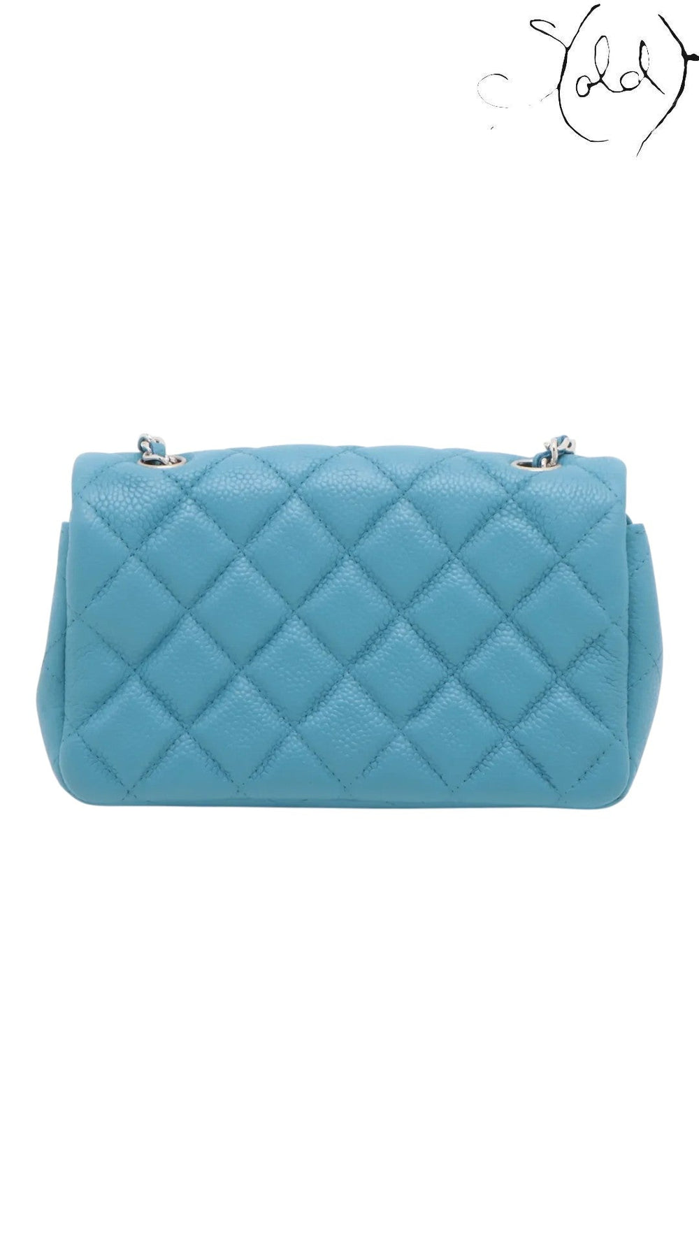 Sold Attire blue quilted caviar leather Chanel Extra Mini Classic Flap bag with silver-tone hardware and chain strap.