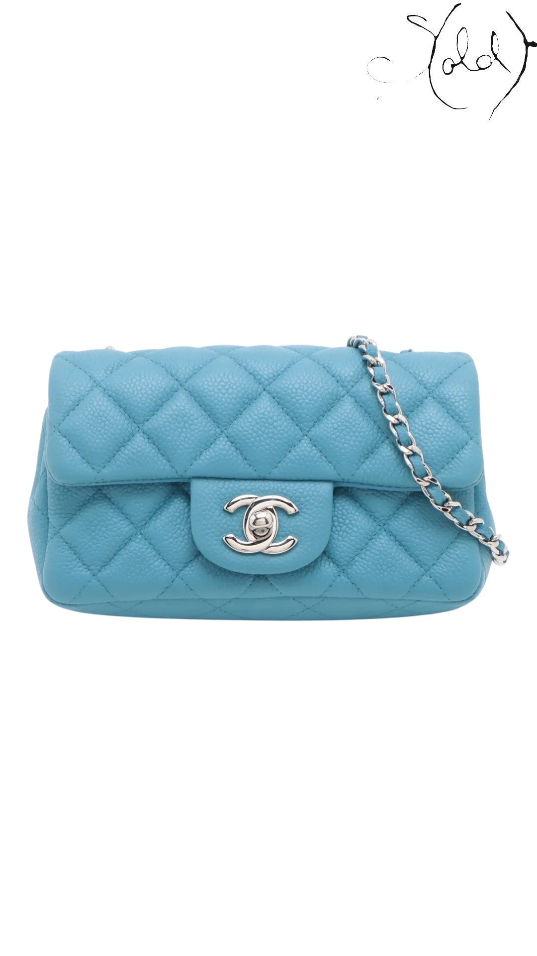 Sold Attire blue quilted caviar leather Chanel Extra Mini Classic Flap bag with silver-tone hardware and chain strap.