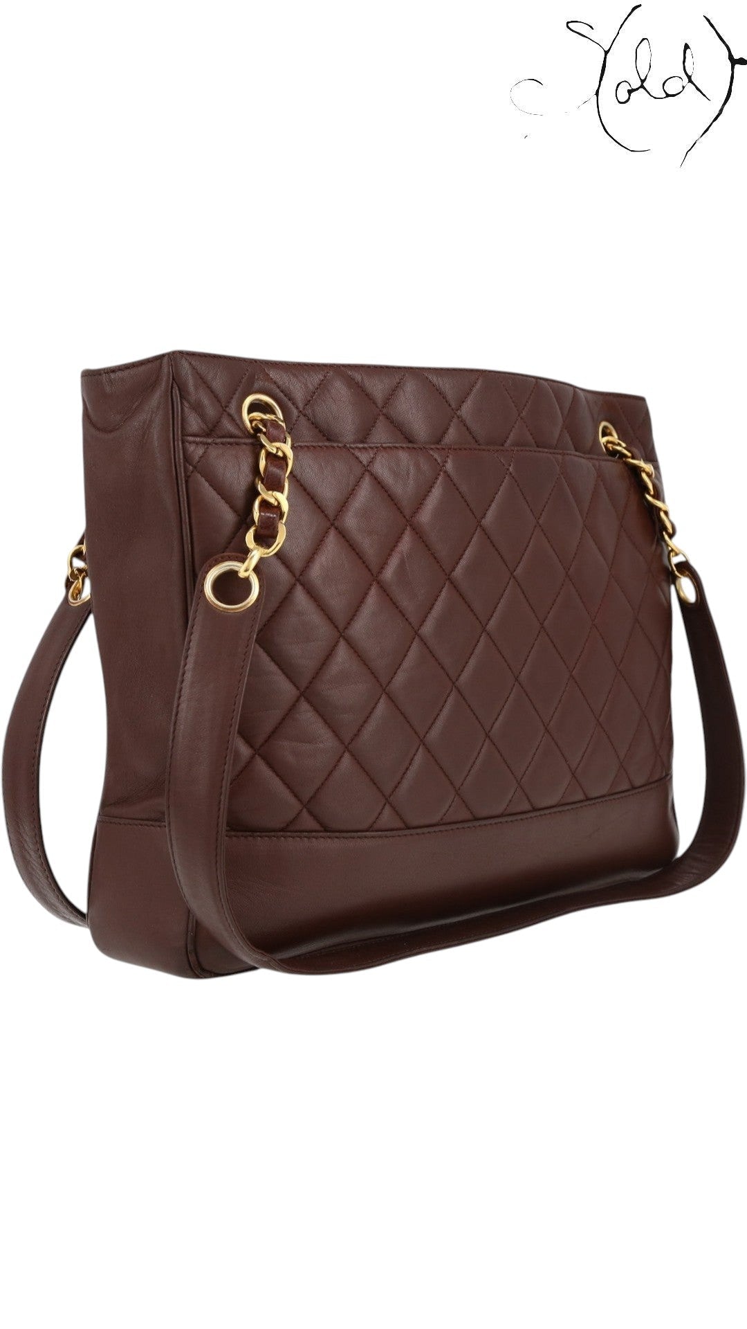 Sold Attire bordeaux lambskin Chanel Matelasse Chain Tote with diamond quilting and gold chain detail.