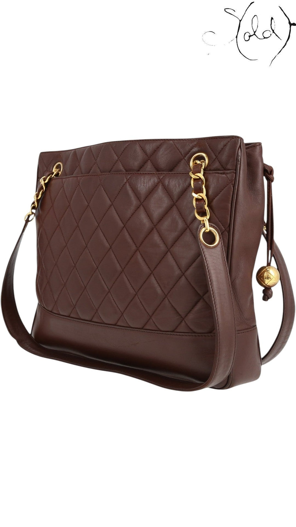 Sold Attire bordeaux lambskin Chanel Matelasse Chain Tote with gold hardware and Coco Ball charm, circa 1991.