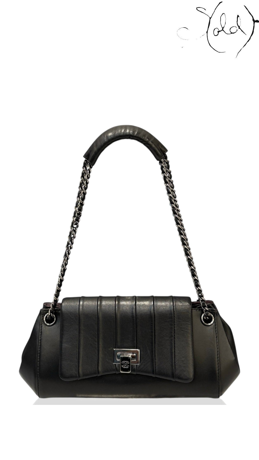 Chanel Accordion Flap Black Lambskin Shoulder Bag, front whole bag