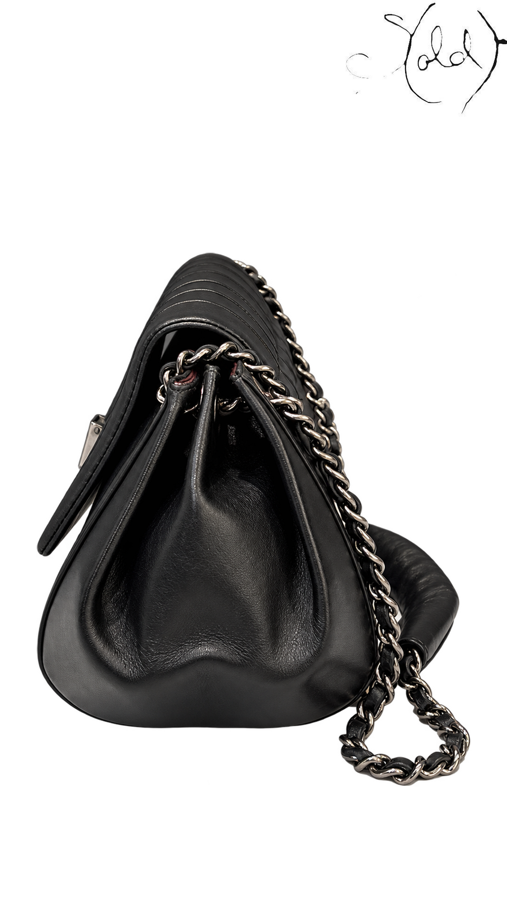 Chanel Accordion Flap Black Lambskin Shoulder Bag, left accordion gusset and chain