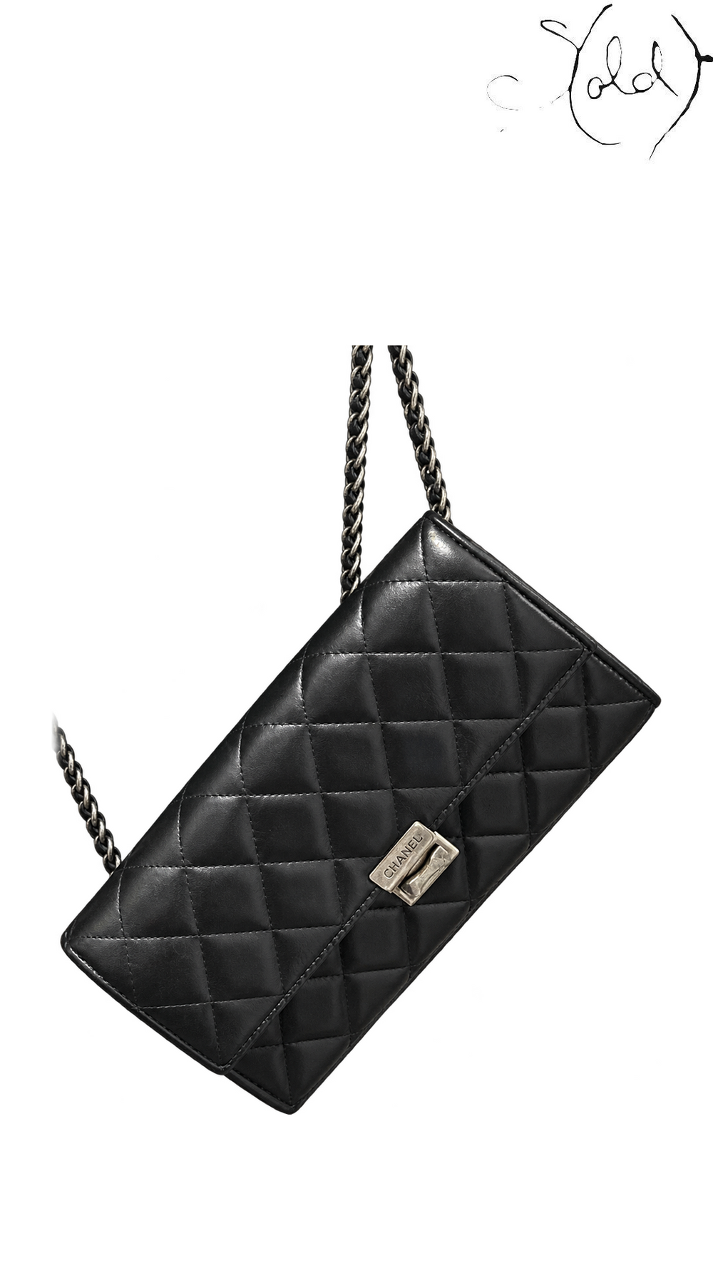 Chanel black quilted leather Wallet on Chain, alternate front angle with chain strap