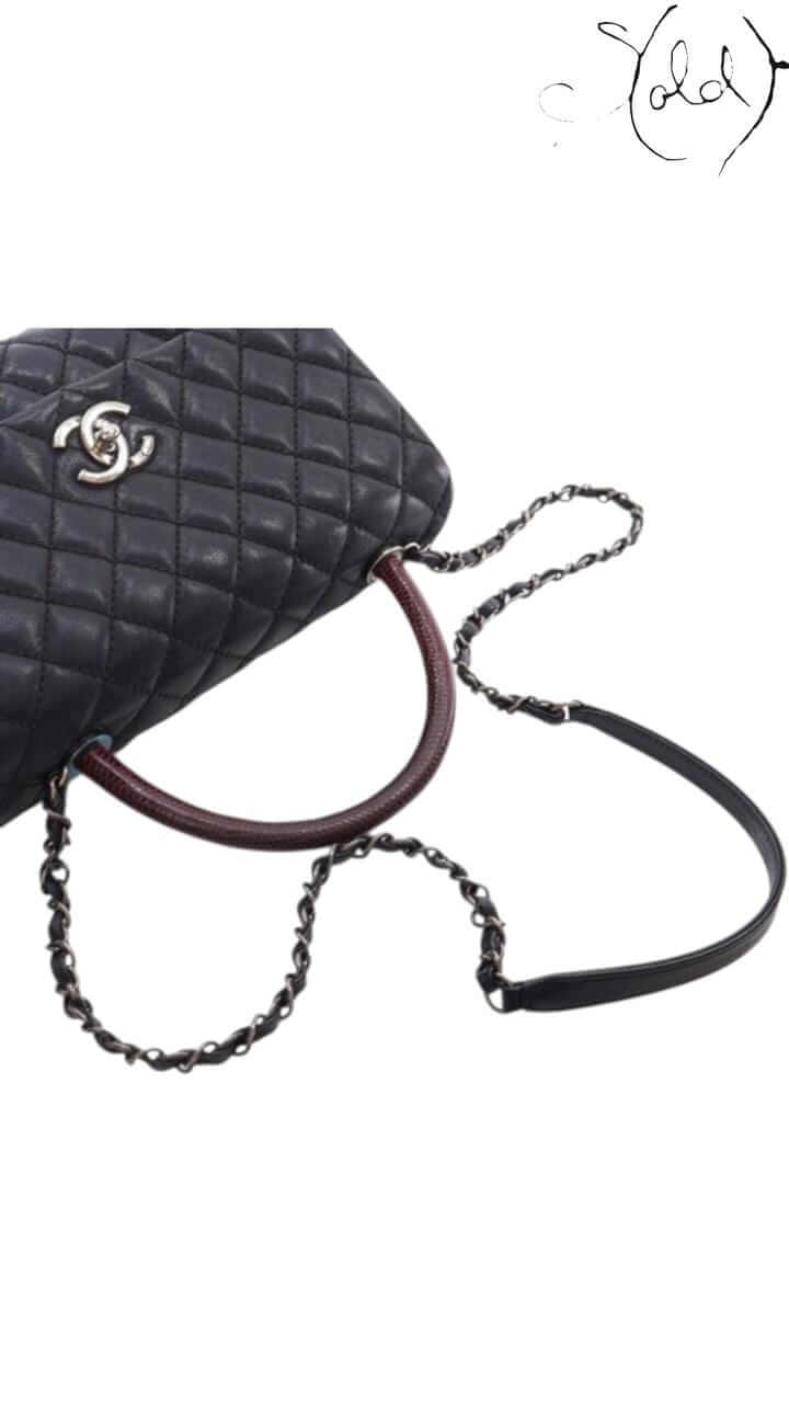 CHANEL Coco Handle Medium – Black Calfskin & Lizard Trim, Detail view | Sold Attire