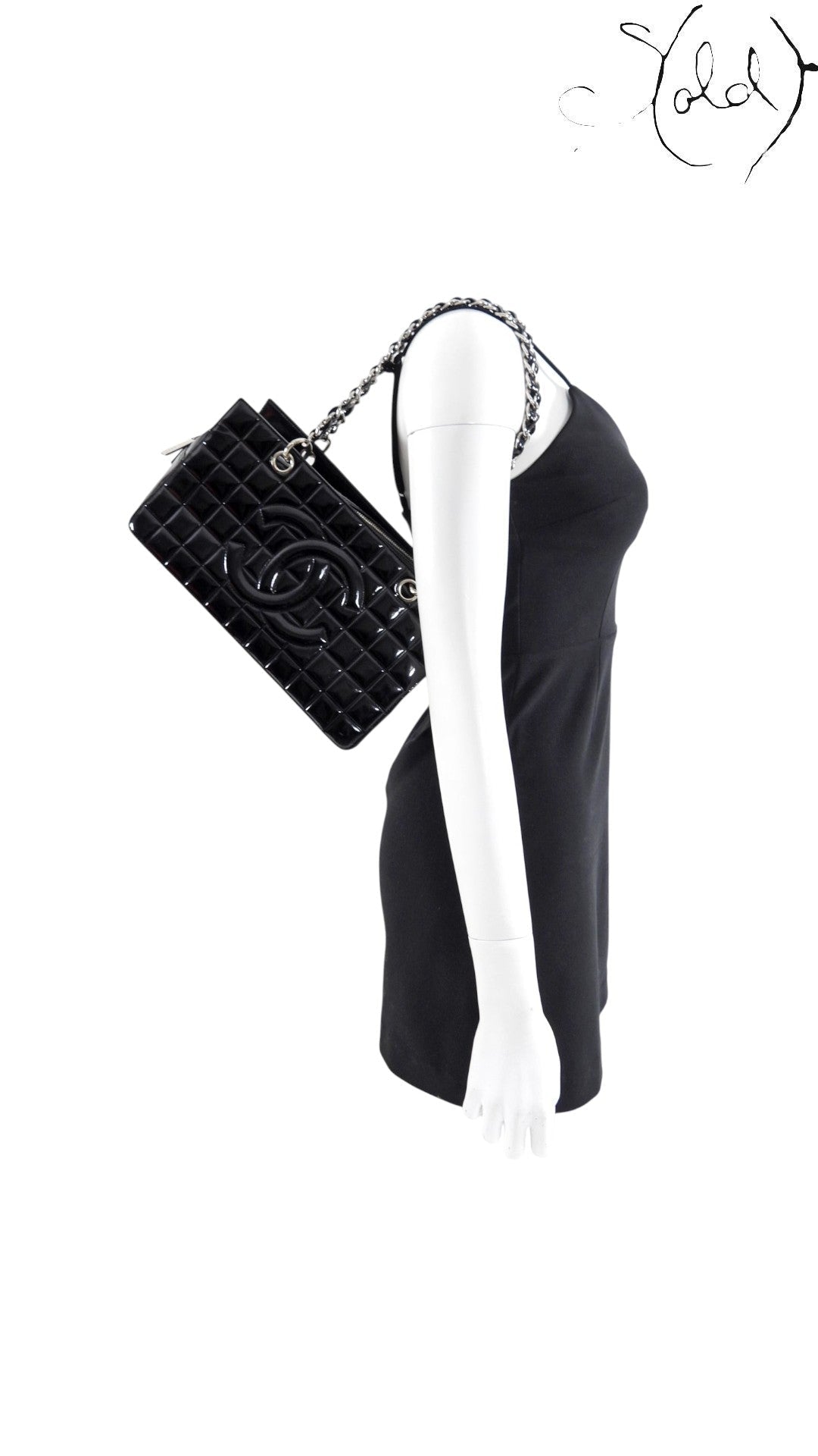 Chanel Choco Bar patent tote with silver chain straps