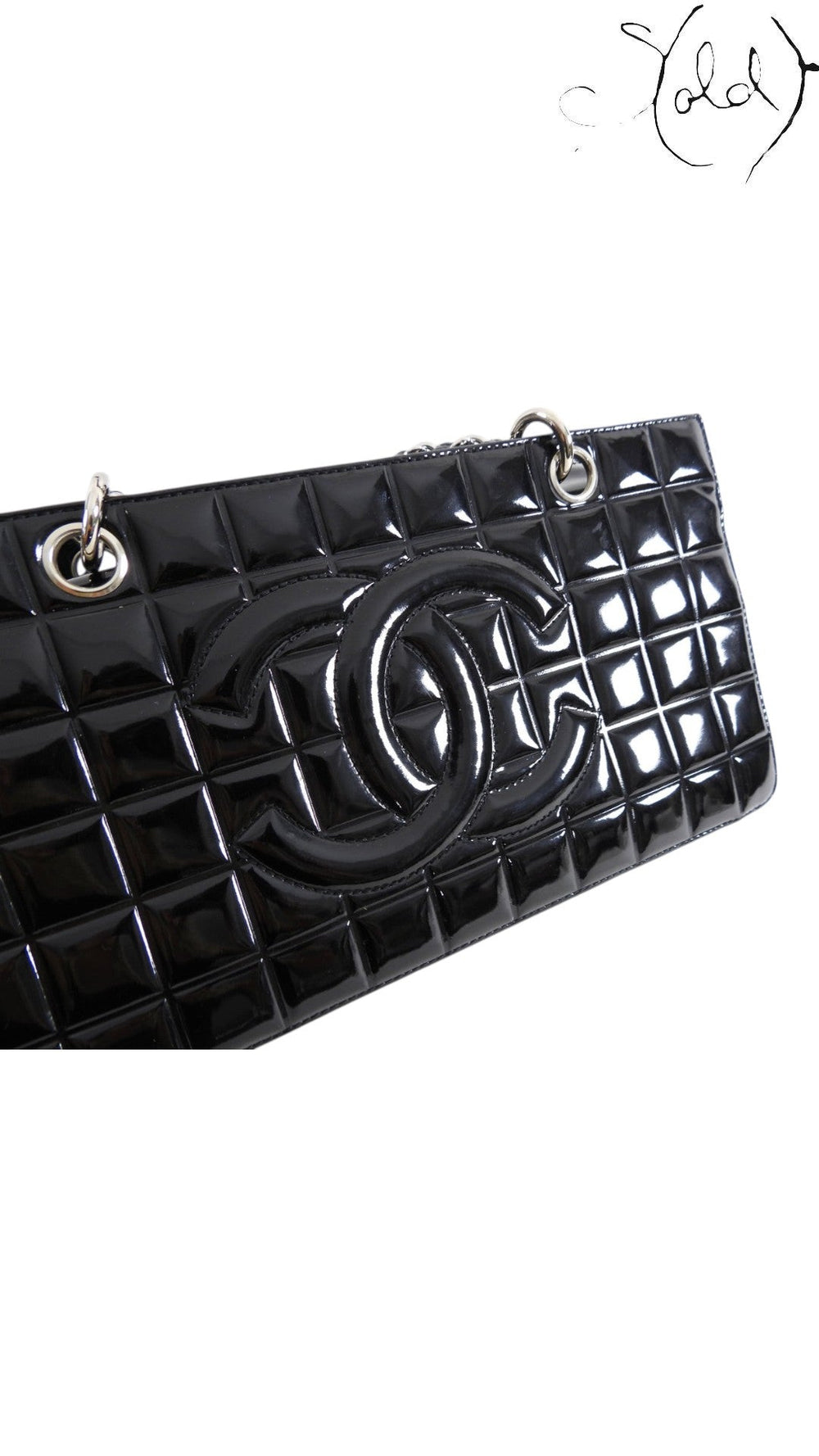 Chanel Choco Bar black patent tote, side angle