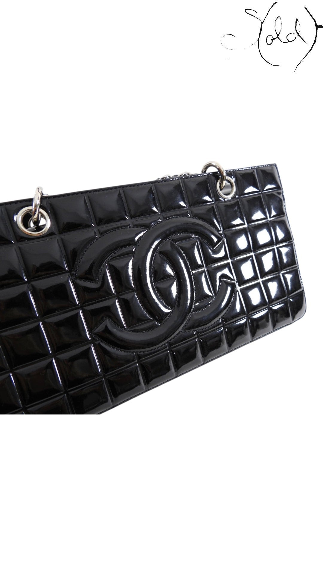 Chanel Choco Bar black patent tote, side angle
