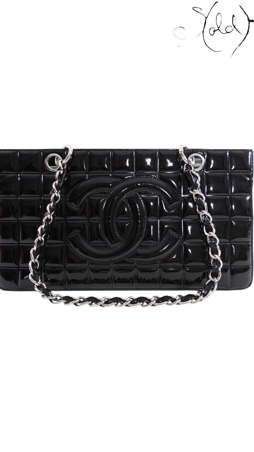 Chanel black patent leather Choco Bar tote detail