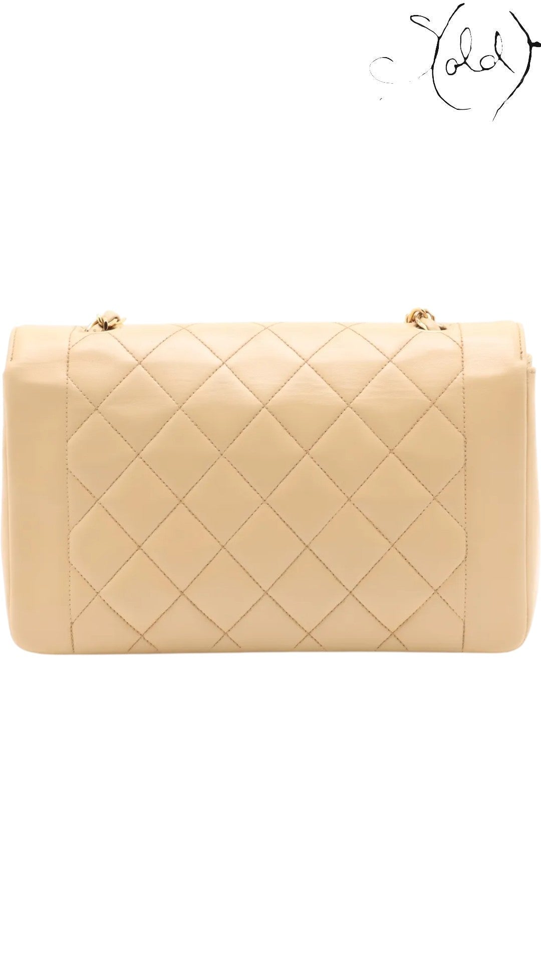 Sold Attire beige lambskin Chanel Diana medium flap bag with 24k gold hardware, quilted exterior, and leather-threaded chain.