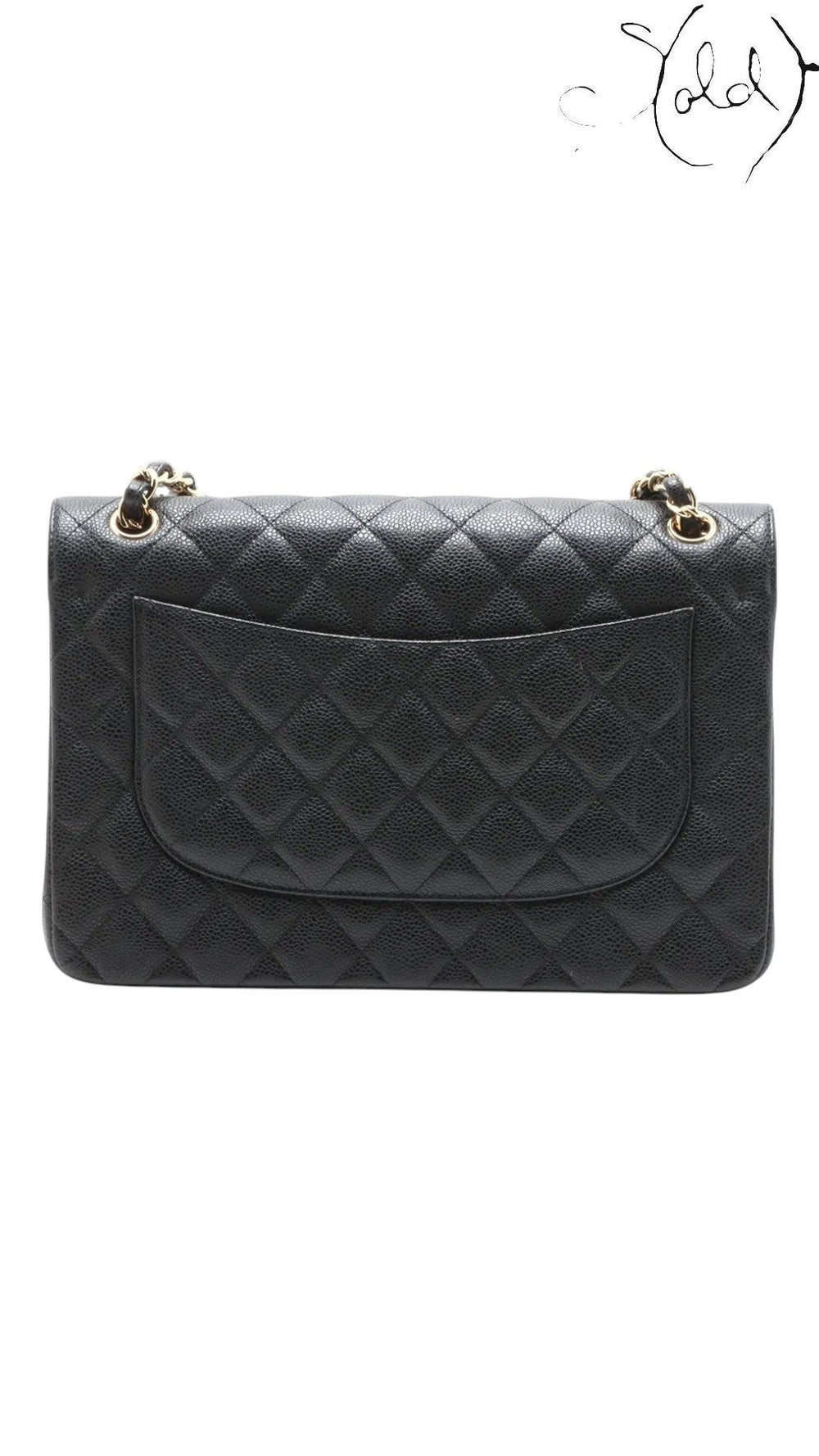 Sold Attire black caviar leather Chanel Jumbo Classic Double Flap bag with gold hardware and quilted diamond pattern.