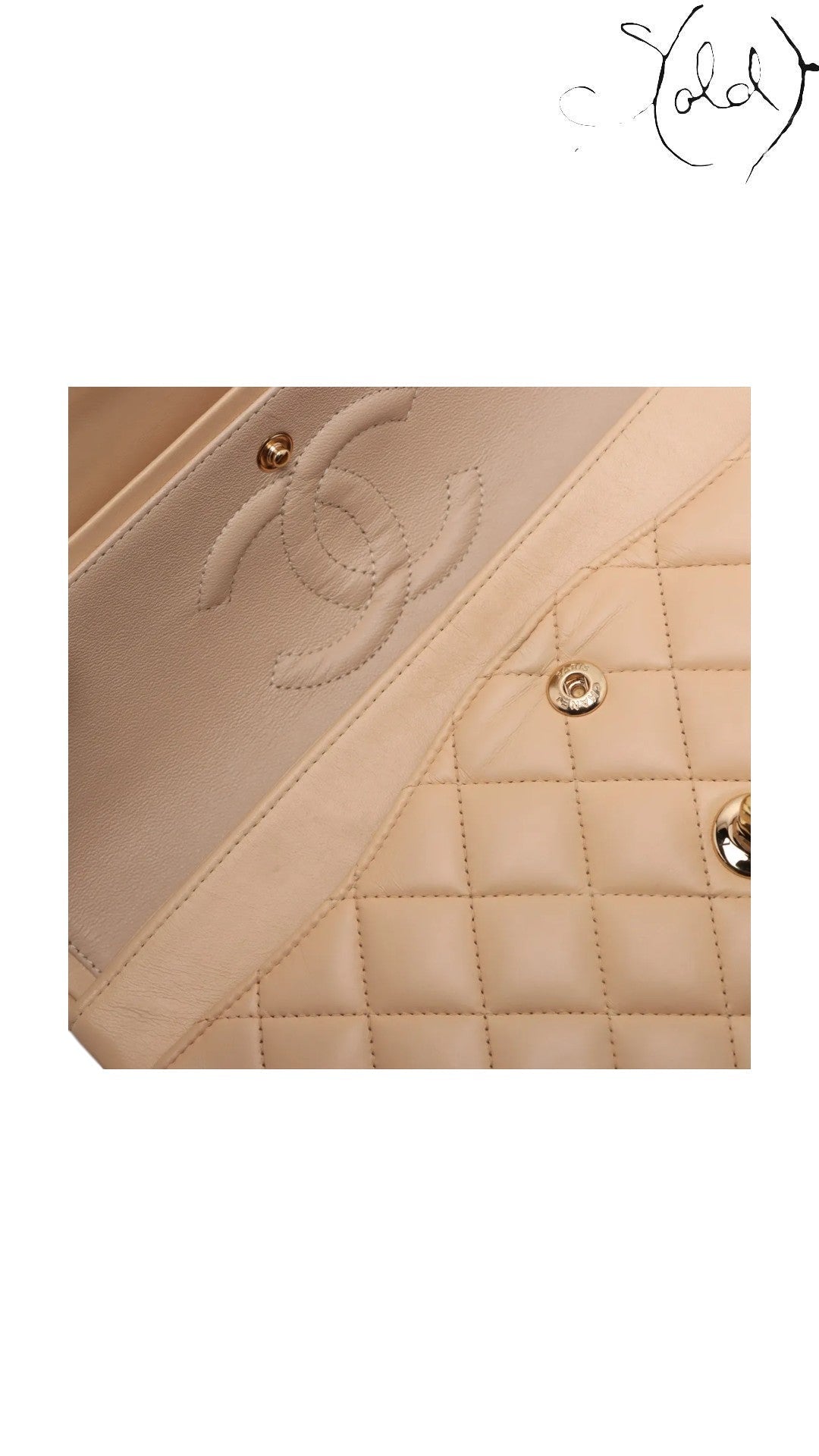 Sold Attire Chanel Medium Classic Double Flap beige lambskin handbag interior with quilted pattern and embossed CC logo.