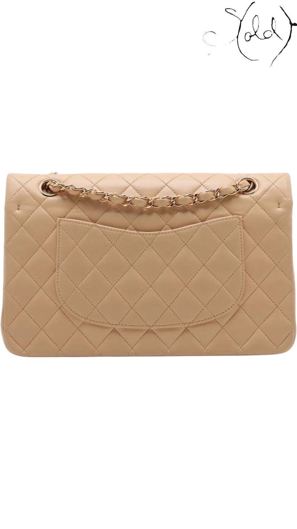Sold Attire beige lambskin Chanel Medium Classic Double Flap bag with gold hardware and quilted diamond pattern.