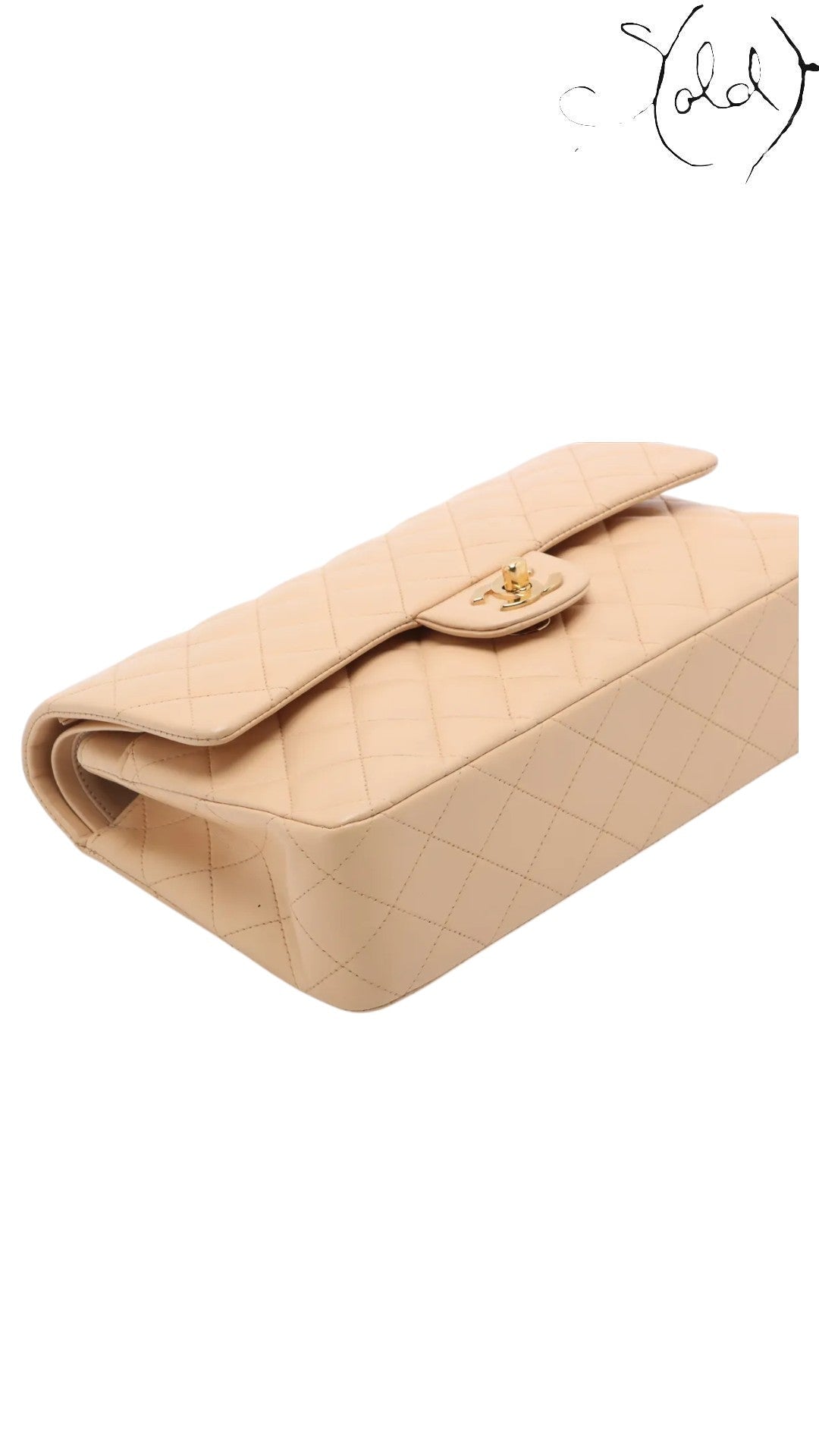 Sold Attire beige lambskin Chanel Medium Classic Double Flap bag with gold hardware and diamond quilting.