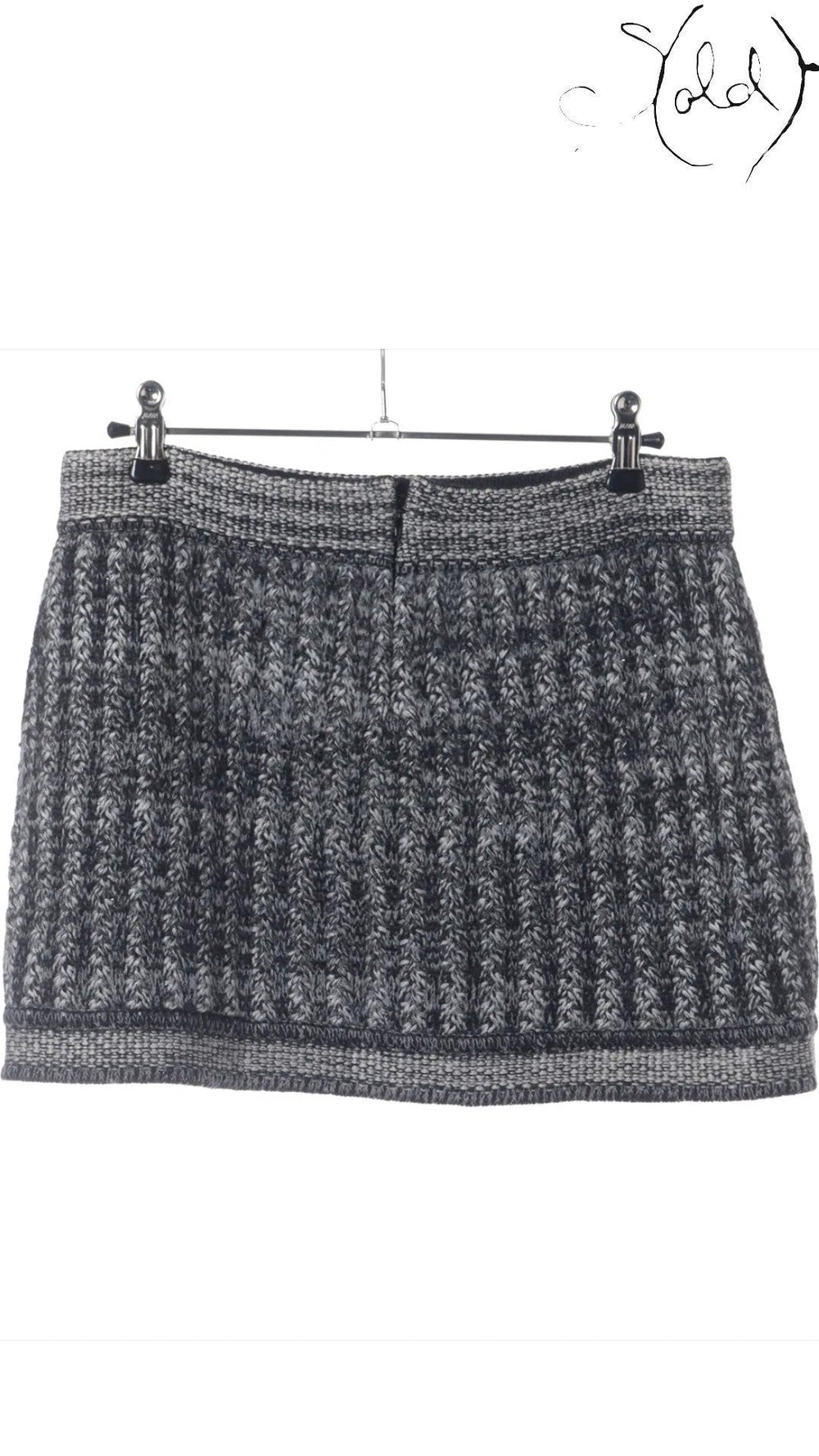 Sold Attire black and grey knit wool blend pencil skirt with a textured pattern and ribbed waistband.