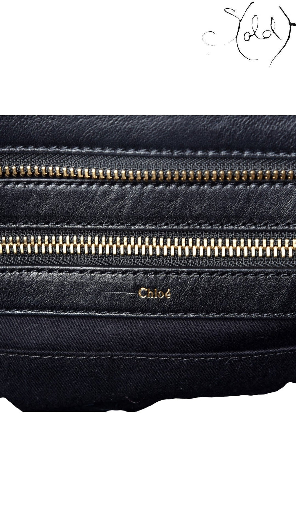 Sold Attire Chloe Alice satchel interior featuring black fabric lining, brass-tone zipper, and gold-stamped Chloe logo.